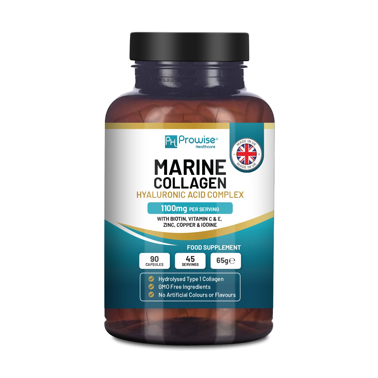 Marine Collagen Complex with Hyaluronic Acid 1100mg, 90 Capsules, Made in UK by Prowise