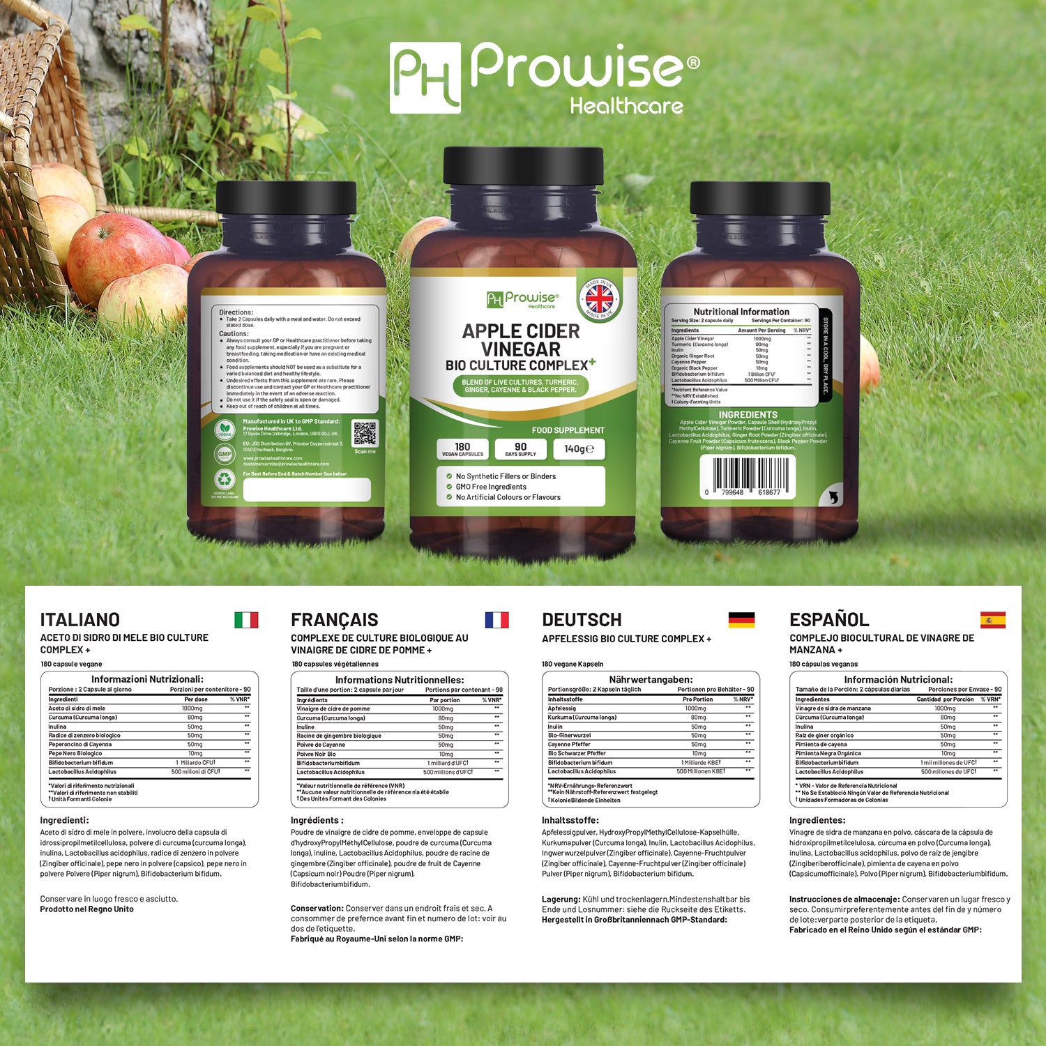 Prowise Apple Cider Vinegar Bio Culture Complex 1300mg 180 Capsules Vegan Made in UK