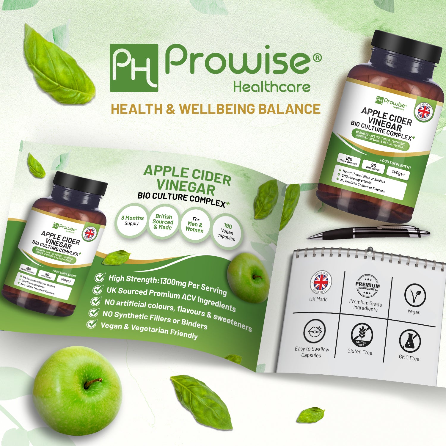 Prowise Apple Cider Vinegar Bio Culture Complex 1300mg 180 Capsules Vegan Made in UK