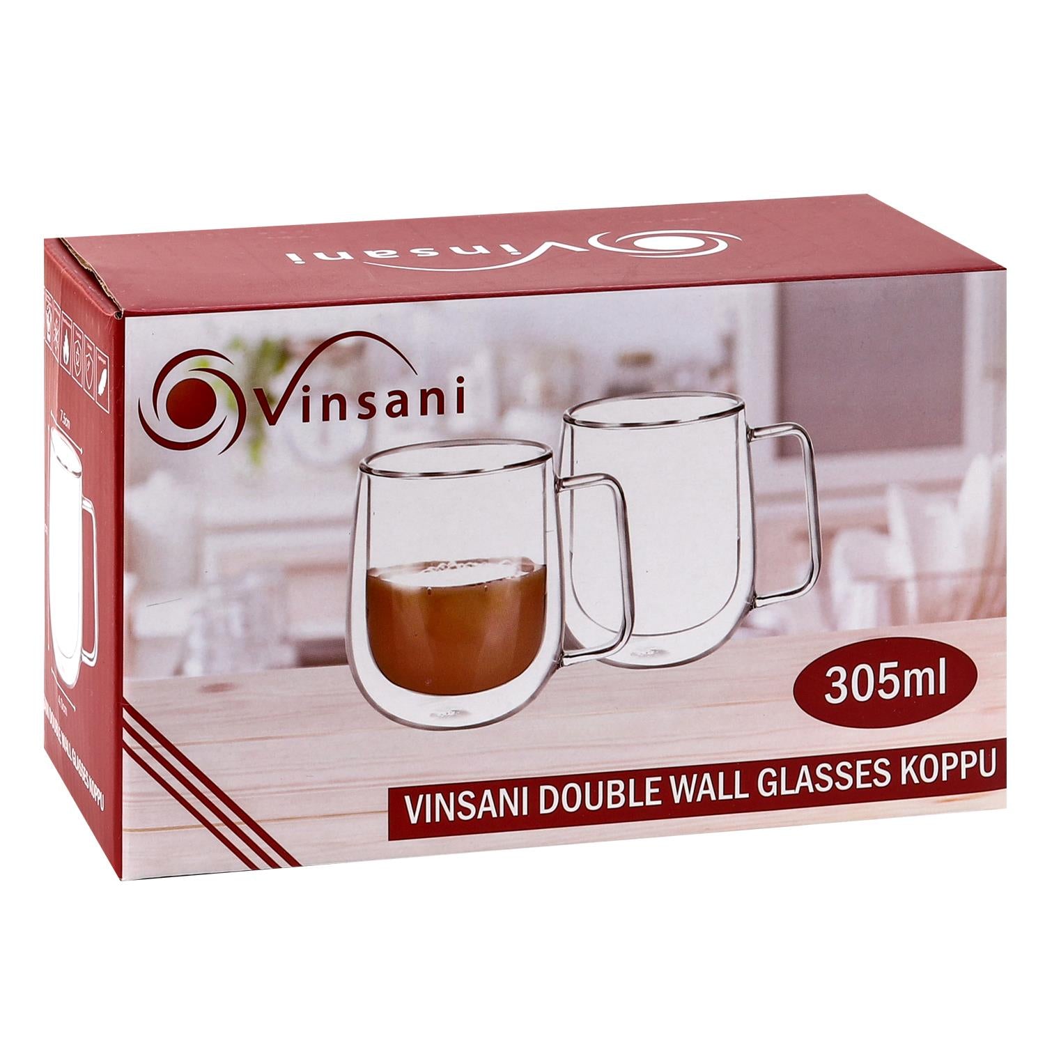 Vinsani Double-Walled Glasses Set of 2, Transparent Drinkware