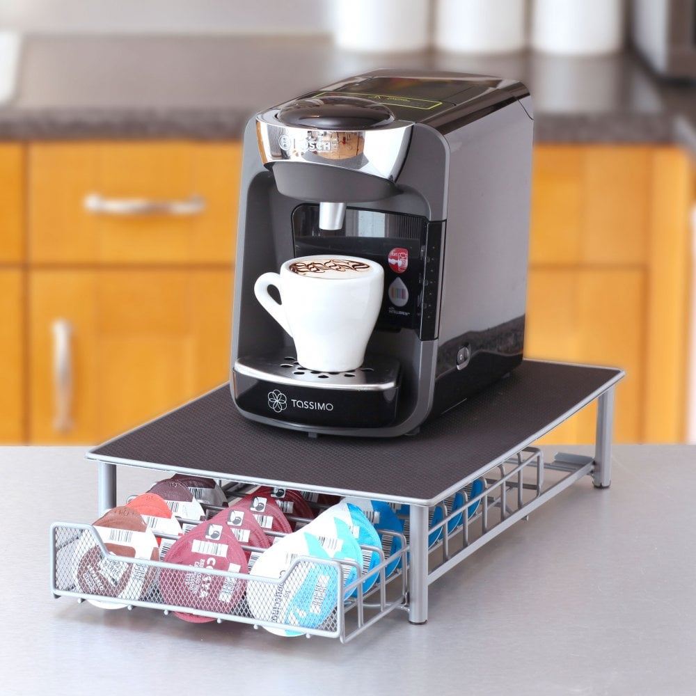 Tassimo Coffee Capsule Storage Stand with Pull-Out Drawer for 60 Pods, Non-Slip Top, Metal Construction