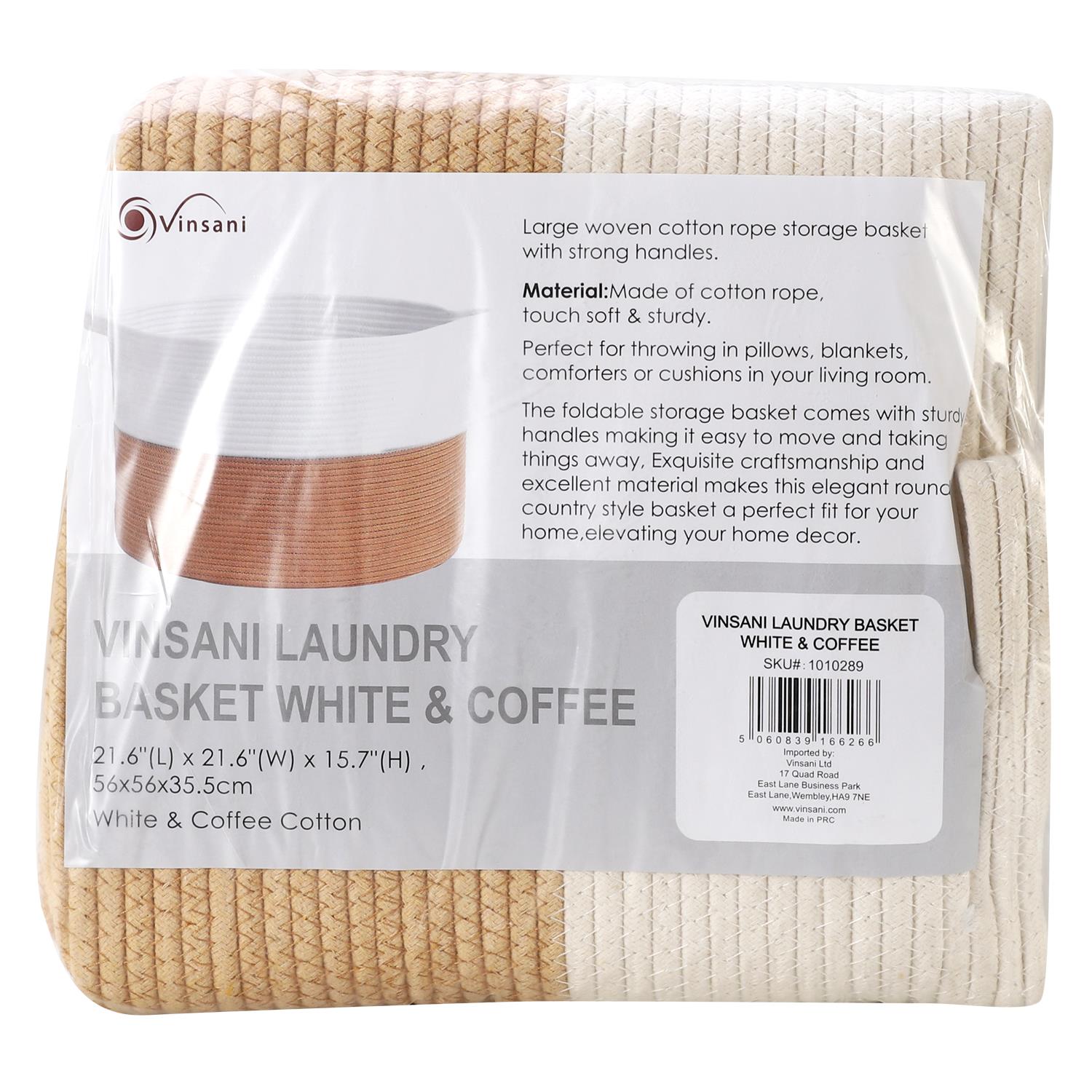 Vinsani Hand-Woven Cotton Rope Laundry Basket White & Coffee 1010289