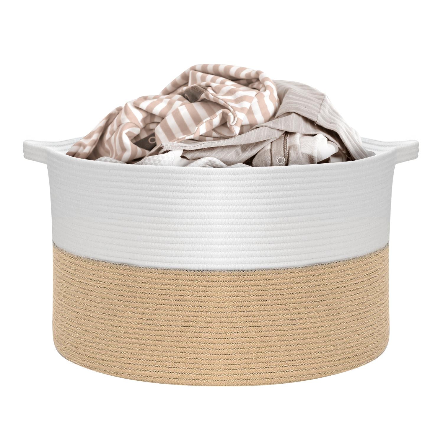 Vinsani Hand-Woven Cotton Rope Laundry Basket White & Coffee 1010289