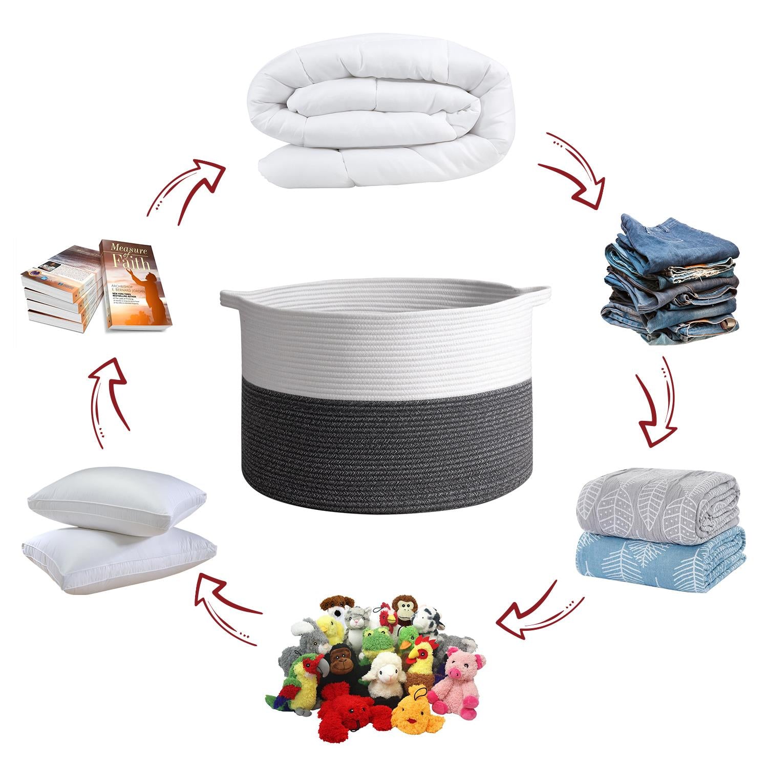 Vinsani Hand-Woven Cotton Rope Laundry Basket, Freestanding Storage Hamper with Handles, Foldable Basket for Laundry and Household Storage