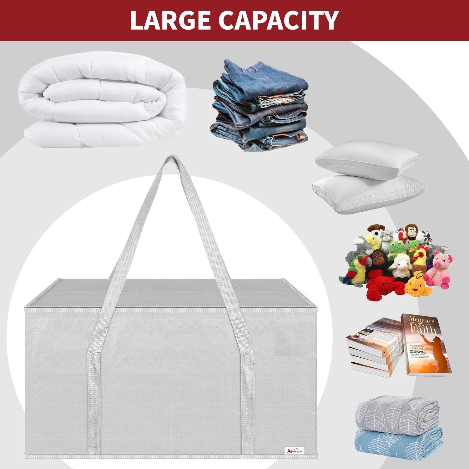 Vinsani Set of 8 Grey Moving Bags with Zipper and Handles, Large Waterproof Polypropylene Storage Bags for Moving and Home Storage