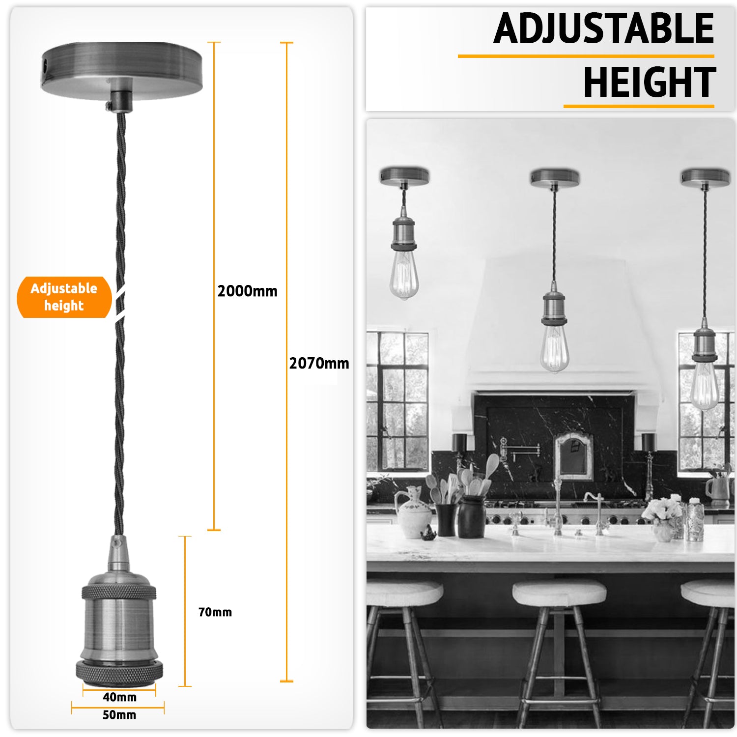 2m Black Twisted Vintage E27 Pendant Light Holder Kit