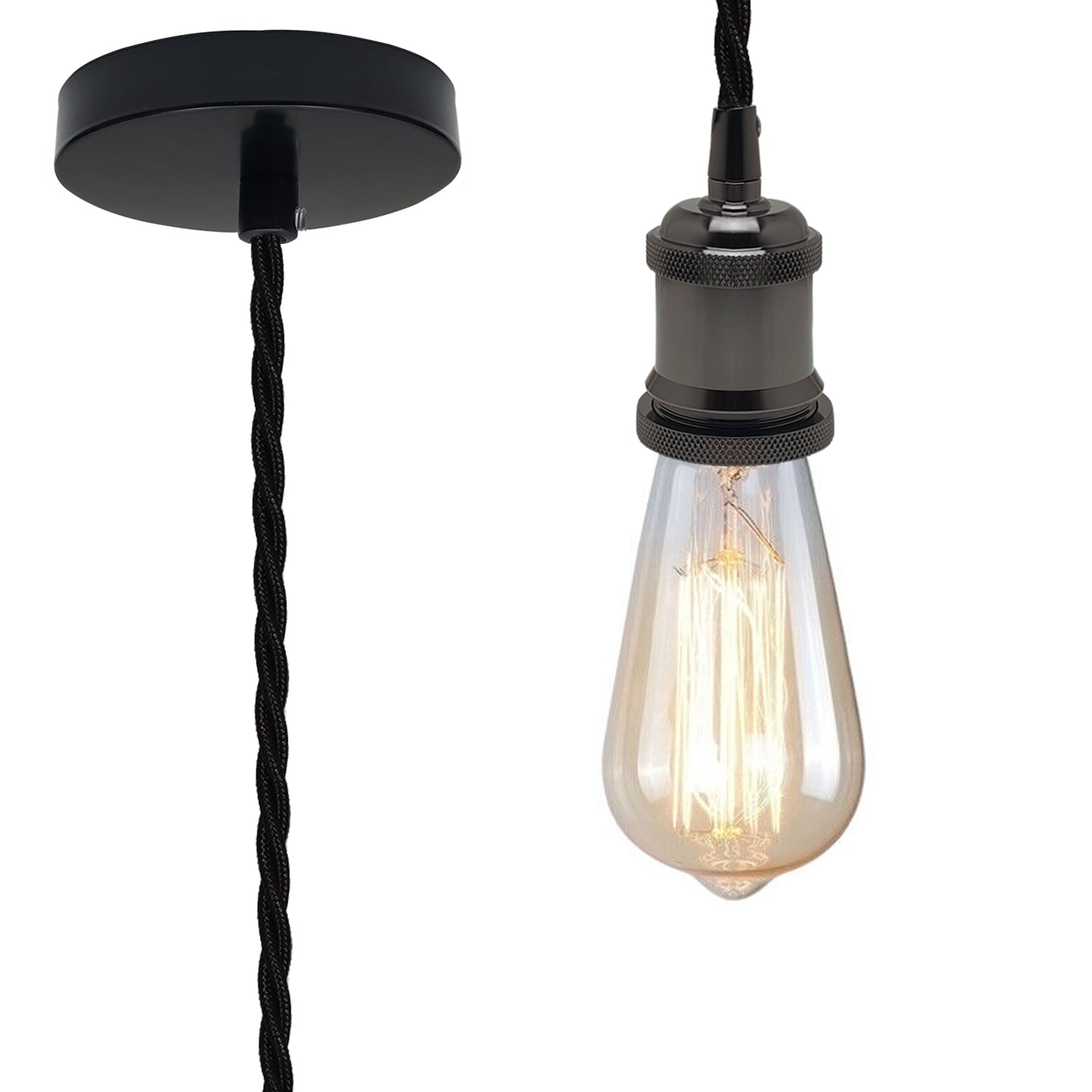 2m Black Twisted Cable Pendant E27 Base Shiny Black Holder~1729
