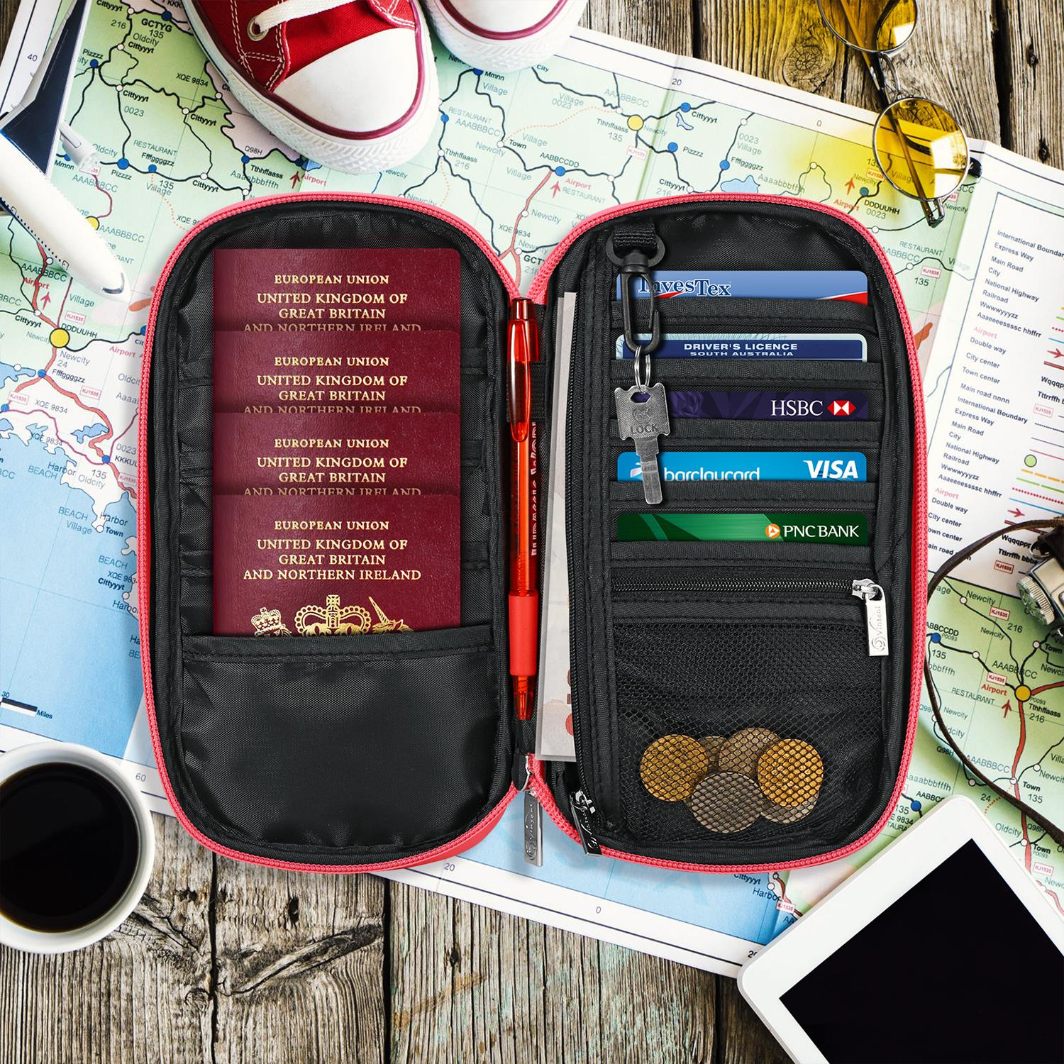 Vinsani Deluxe Passport Holder Travel Wallet with RFID Protection, 4 Passport Holders, 5 Card Slots, Pen Slot, Zip Pocket