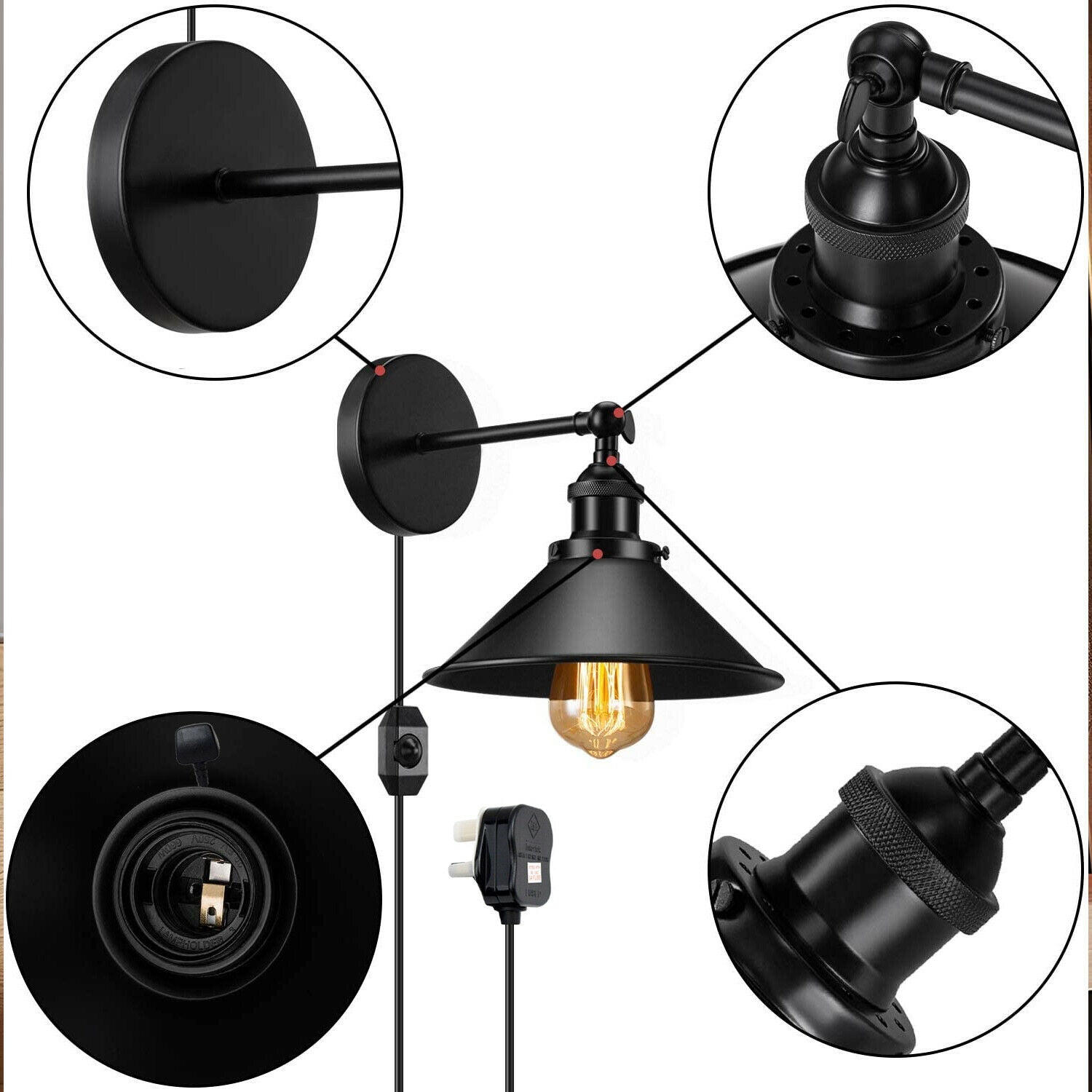 Modern Black Plugin Wall Light Fitting Cone Metal Shade Indoor Sconce Light For Home