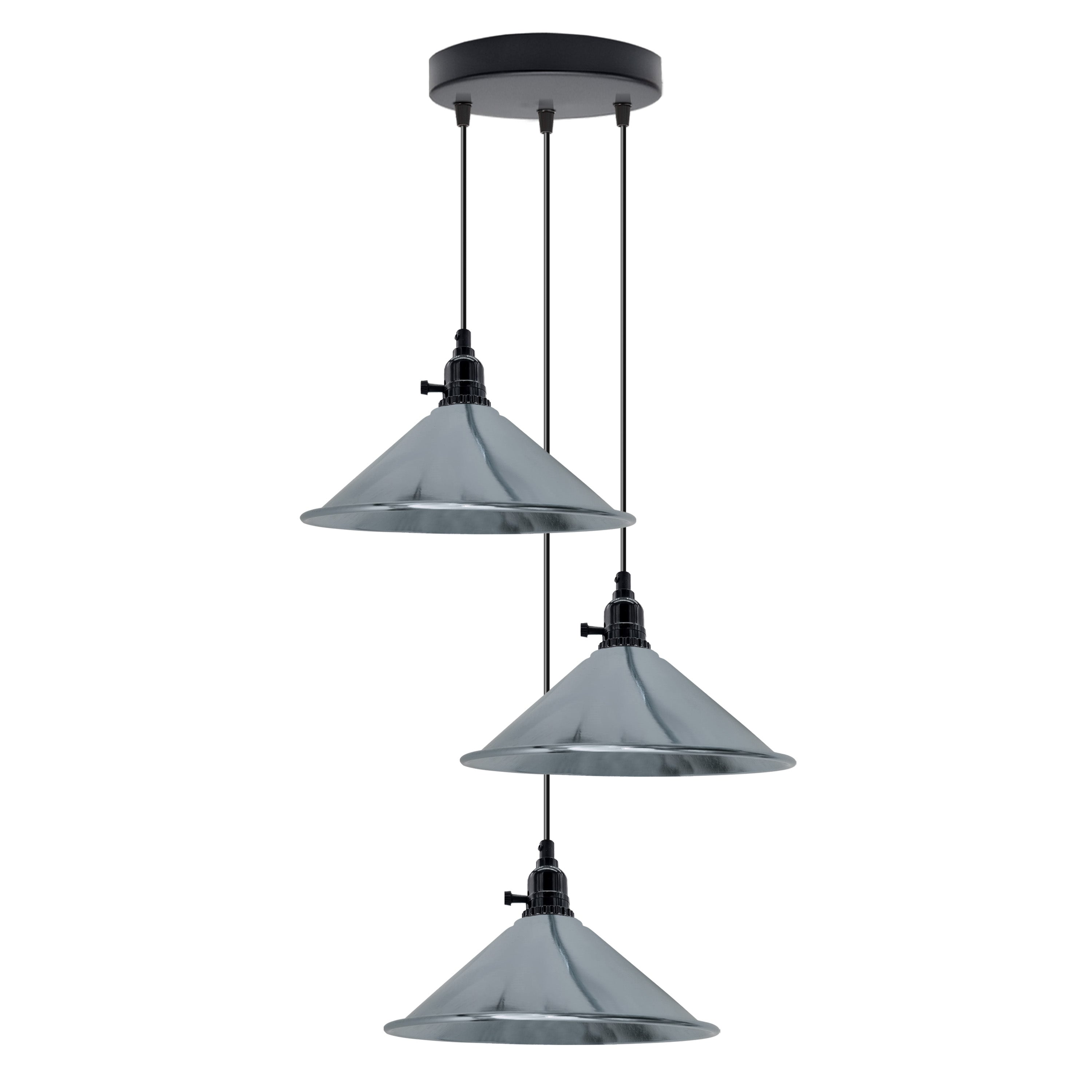 Industrial 3 Head Cluster Ceiling Pendant Light with Adjustable Cord E27 Base,Metal Light Fitting, Cone Shaped Light