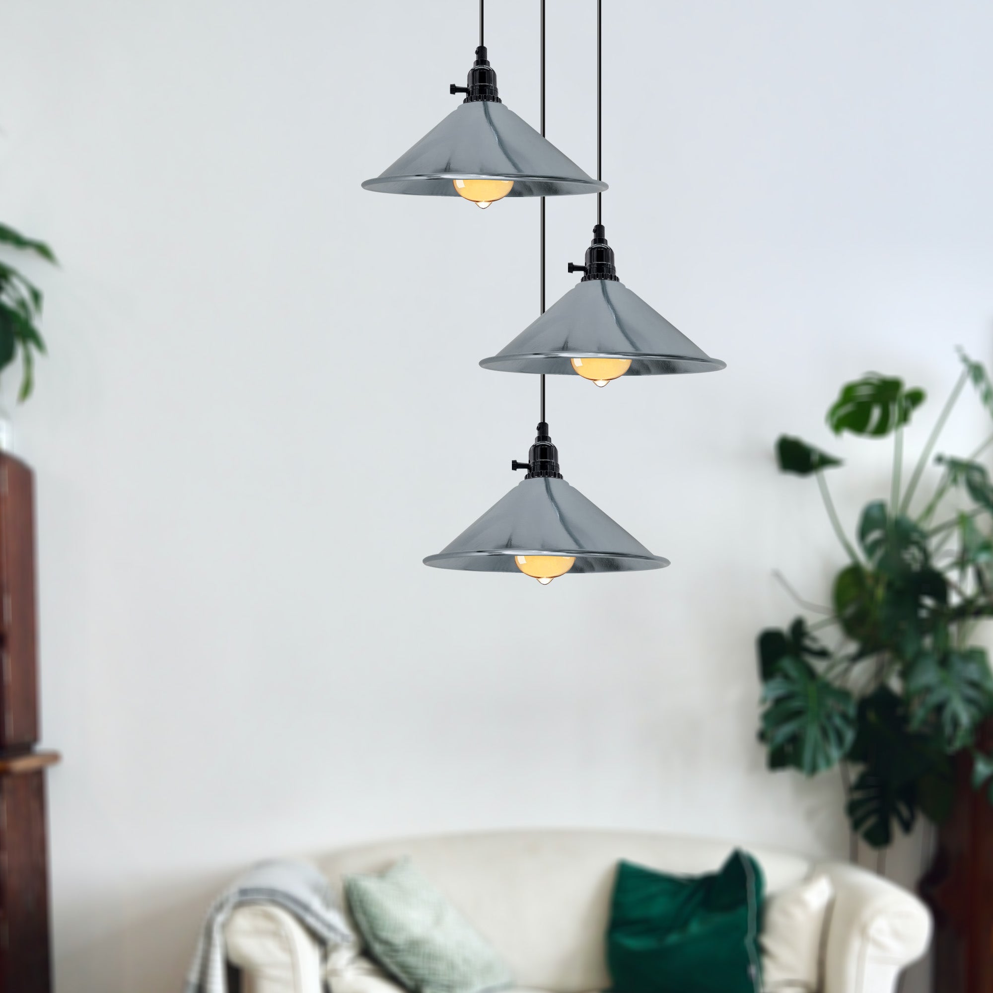 Industrial 3 Head Cluster Ceiling Pendant Light with Adjustable Cord E27 Base,Metal Light Fitting, Cone Shaped Light