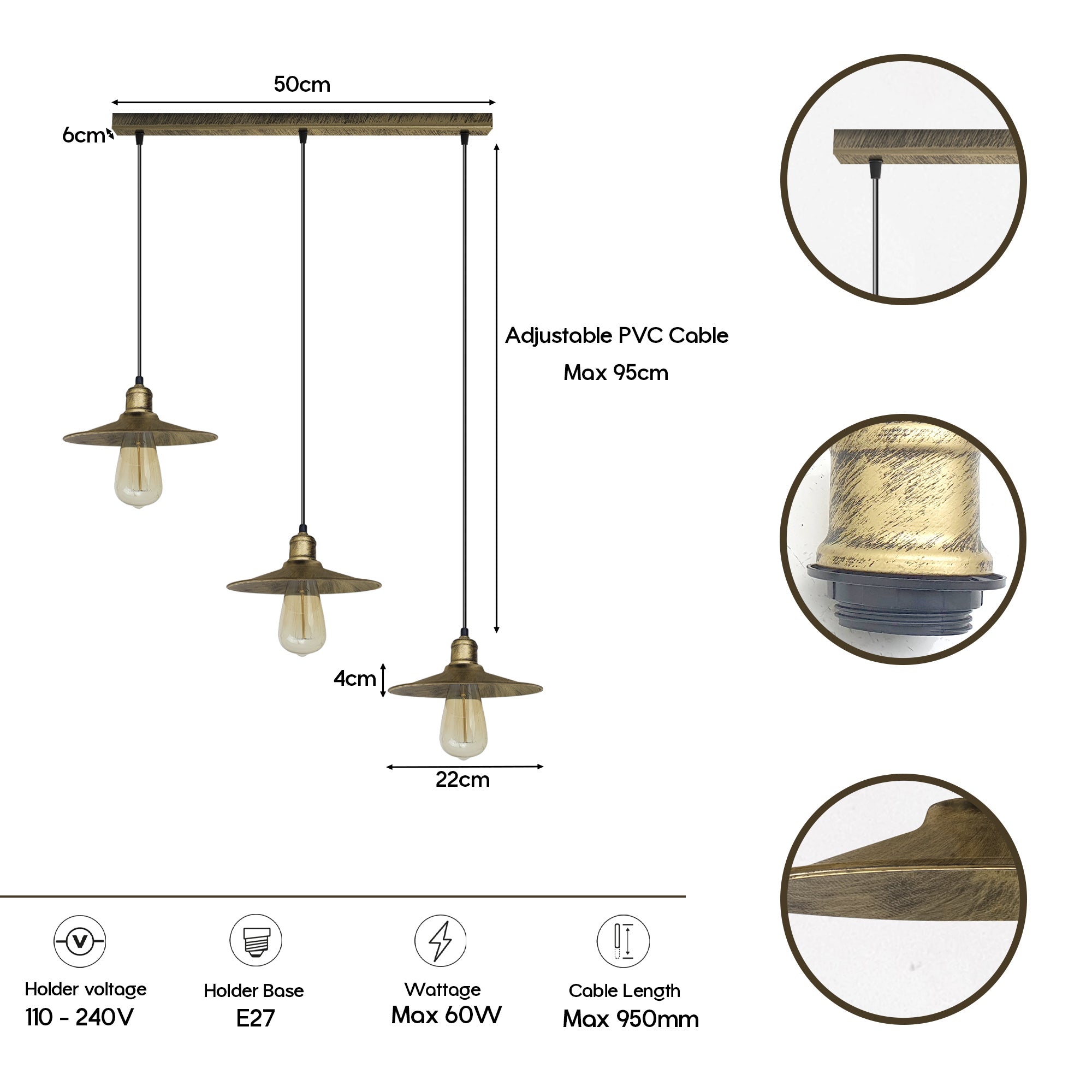 4 Head Vintage Industrial Brushed Brass Ceiling Pendant Easy Fit Light Metal 22cm Ceiling Lighting Shade