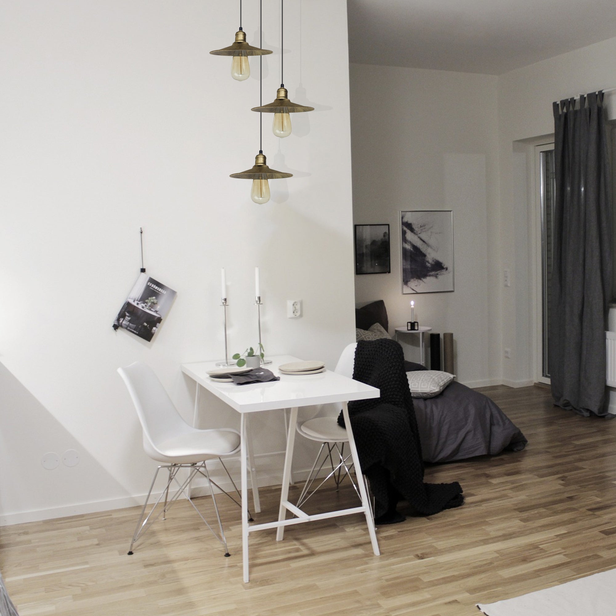 3 Head Vintage Industrial Brushed Brass Ceiling Pendant Easy Fit Light Metal 22cm Ceiling Lighting Shade