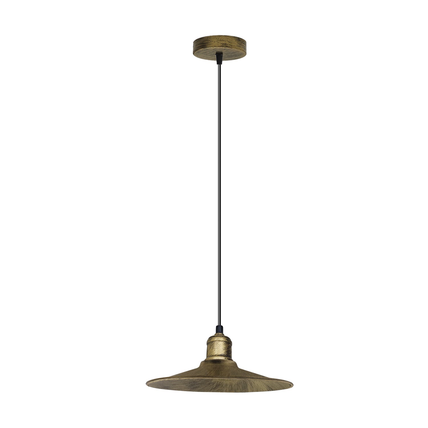 Vintage Retro Brushed Brass Ceiling Pendant Light with Adjustable Cord, E27 Compatible, Flat Cone Shape