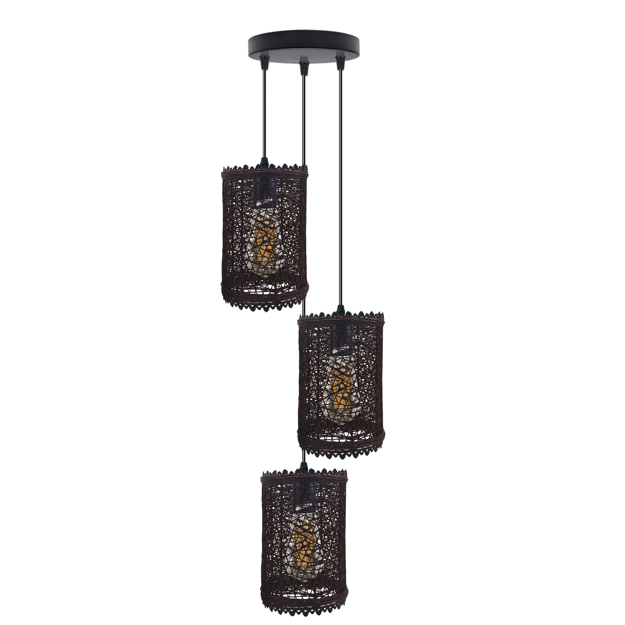 3 Head Vintage Rattan Ceiling Pendant Light Shade, E27 Base, Adjustable Cable, Indoor Lighting Fixture