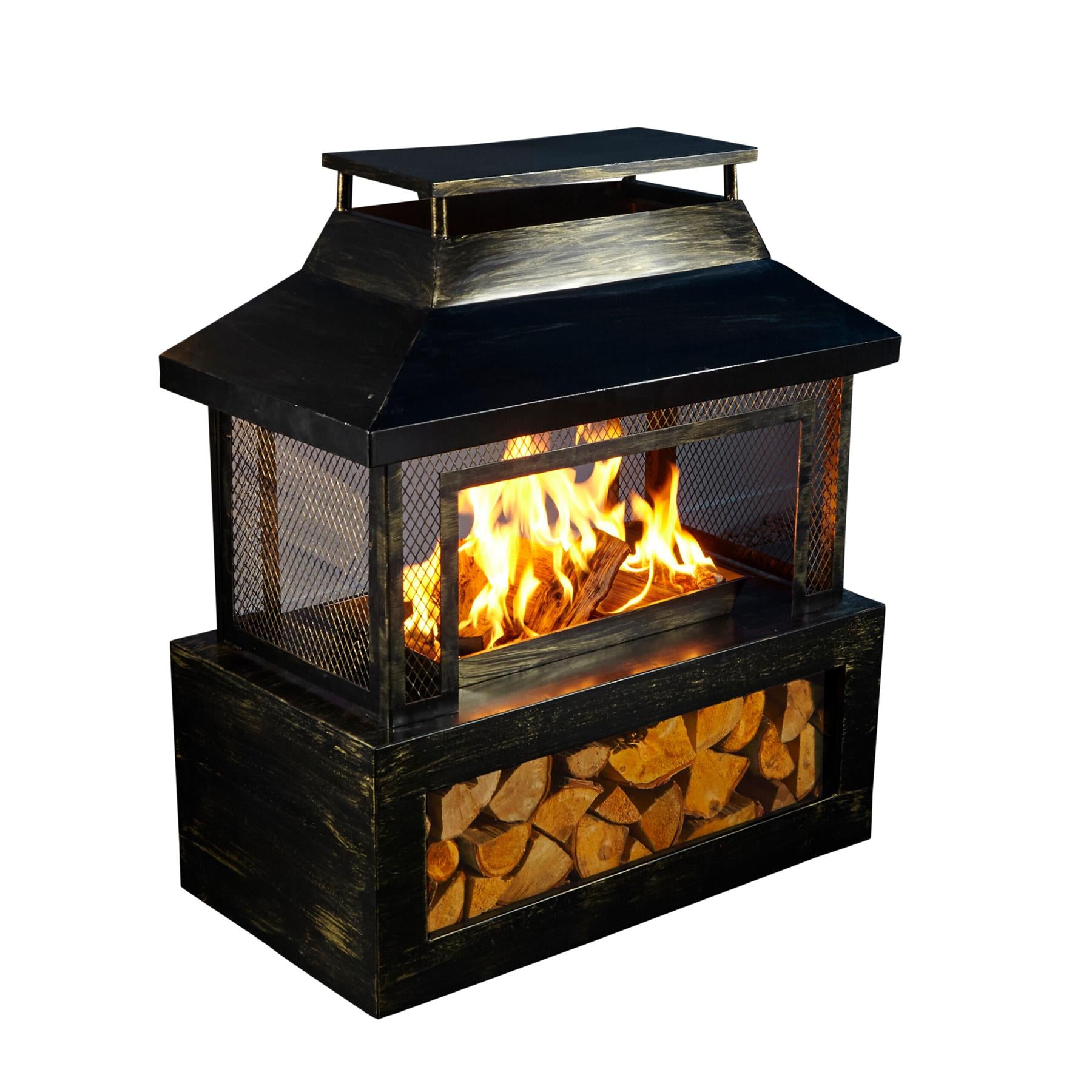 Neo Powder Black Steel Outdoor Fire Pit with Mesh Cover, Charcoal Grate, Poker and Removable Cooking Grill