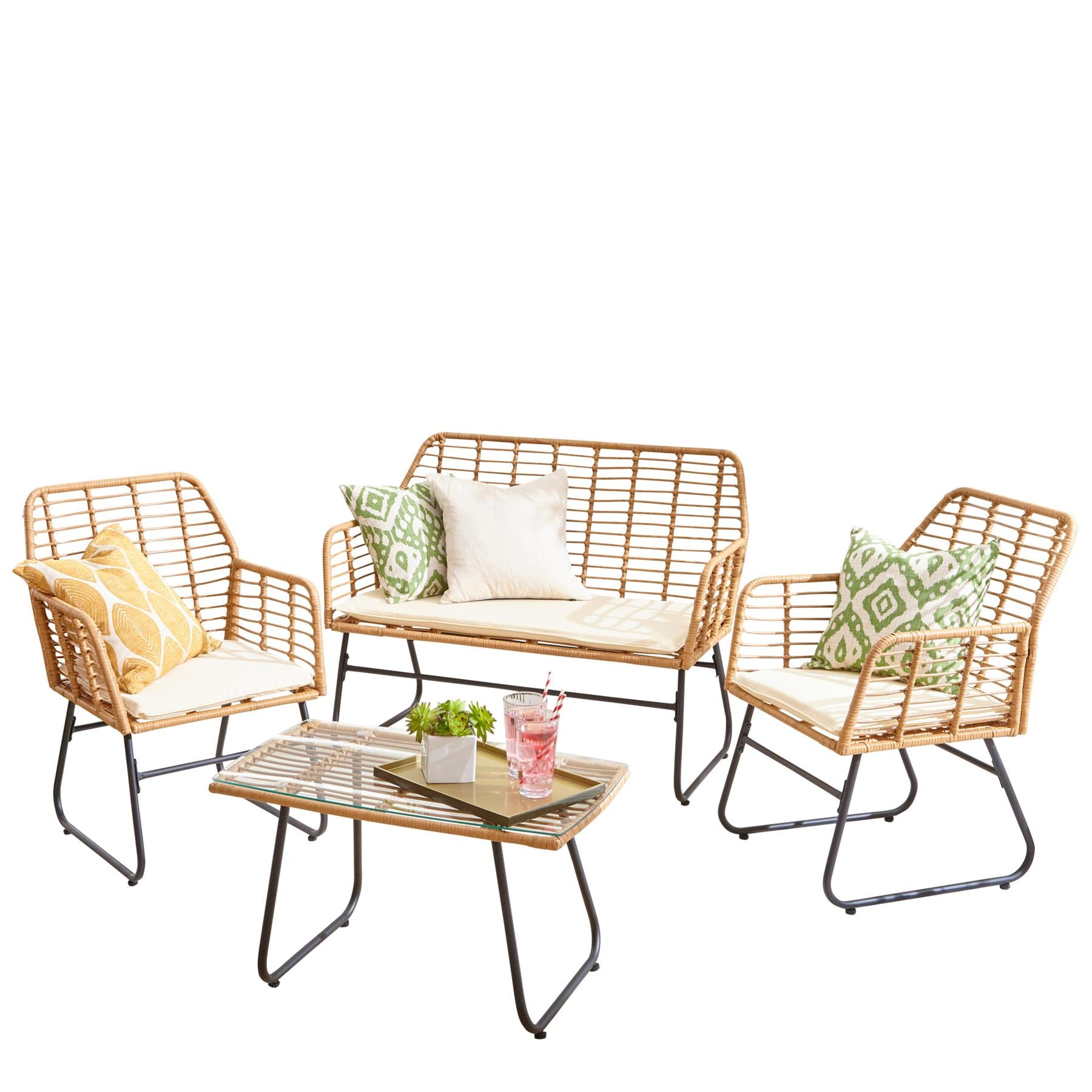 Neo 4 Piece Rattan Garden Sofa Set with Glass Table and Cushions