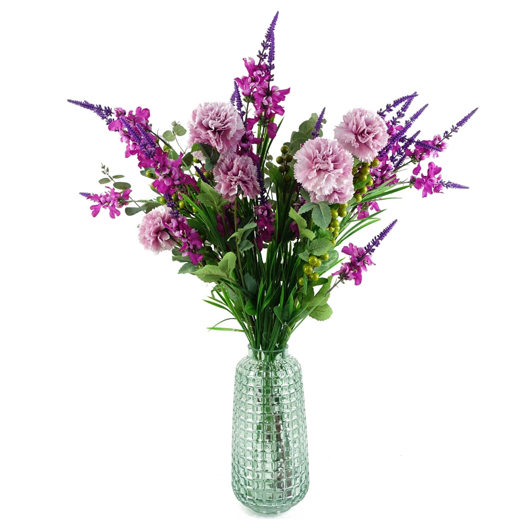 Leaf 80cm Artificial Pink Carnation and Dark Pink Larkspur Artificial Flower Arrangement with Green Cube Glass Vase