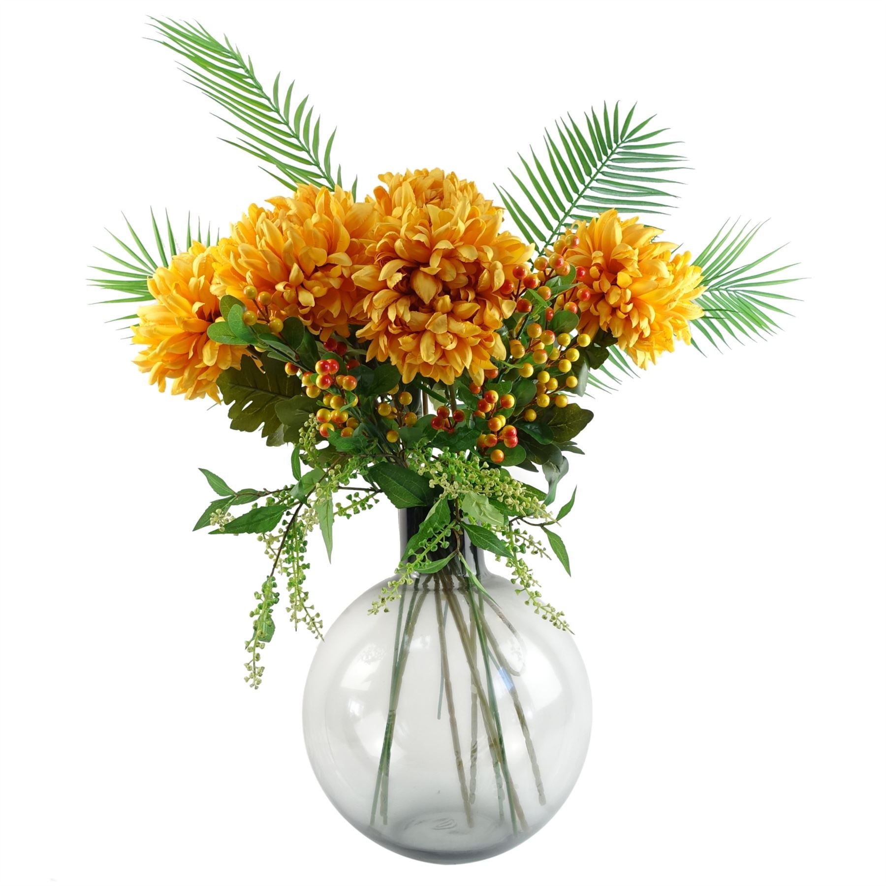 Leaf 100cm Artificial Gold Chrysanthemum Arrangement with Grey Smoke Glass Vase