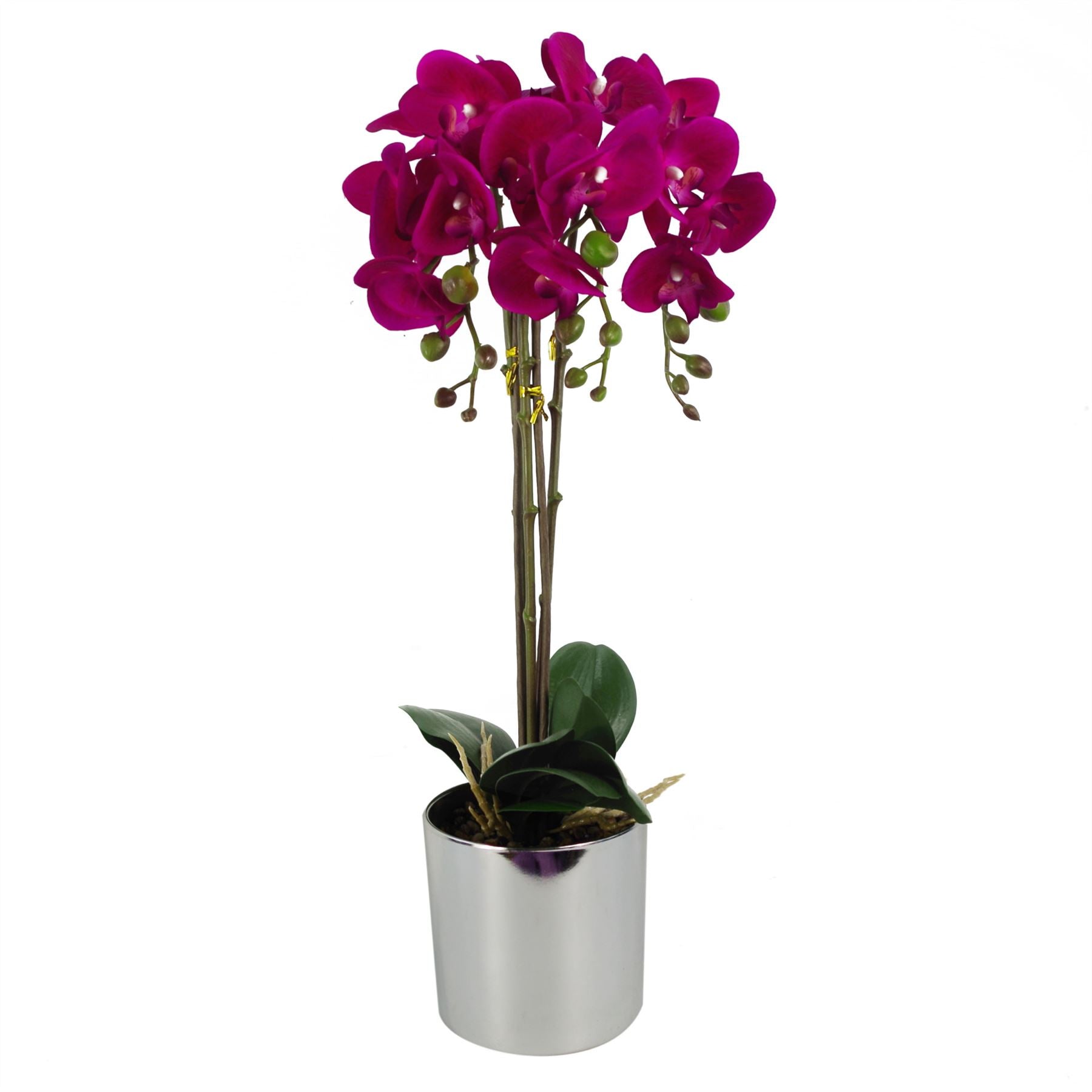 Leaf 52cm Artificial Orchid Plant with 15 Real Touch Flowers, Dark Pink, Silver Decorative Pot