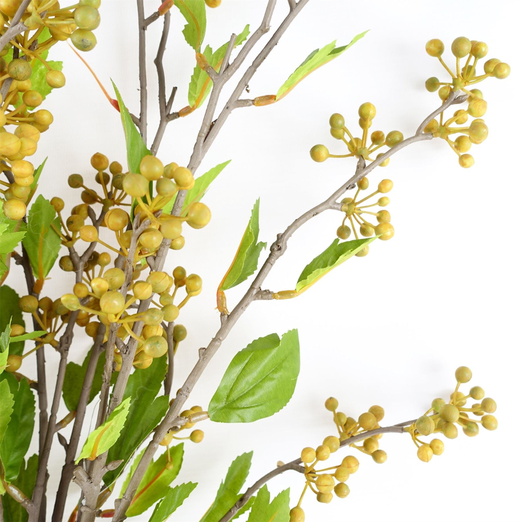Leaf Pack of 6 Artificial Yellow Berry Stems with Silk Leaves, 90cm
