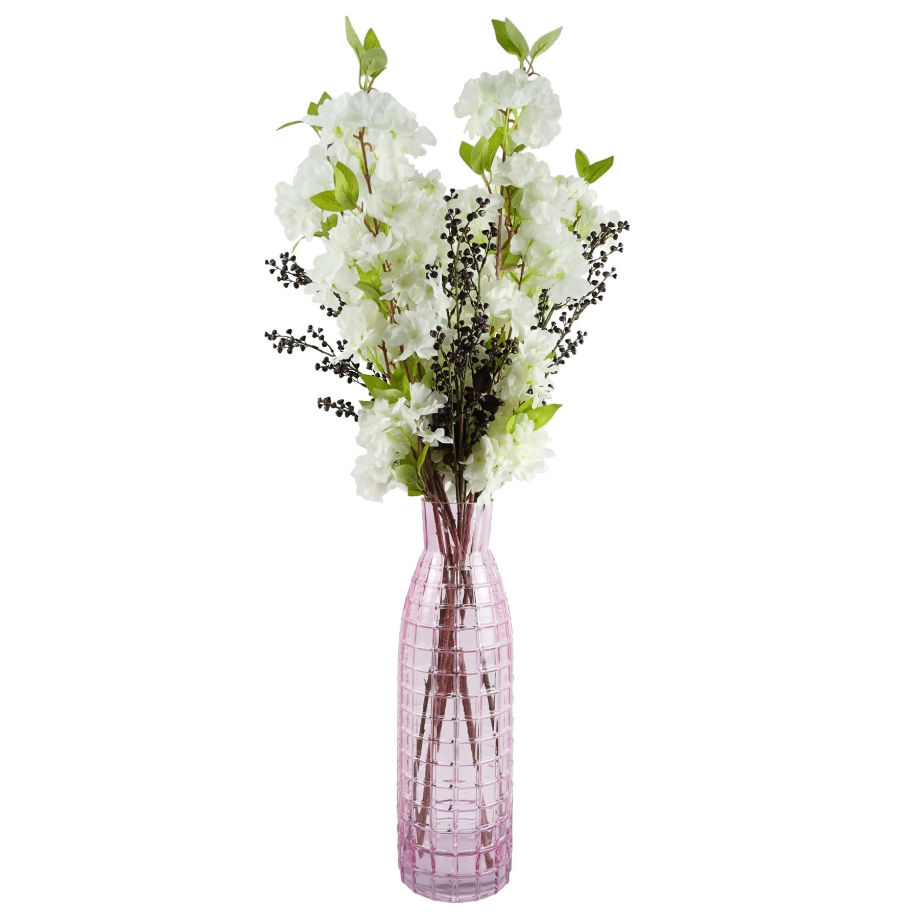 100cm Artificial White Blossom and Dark Berry Arrangement with Pink Square Glass Vase