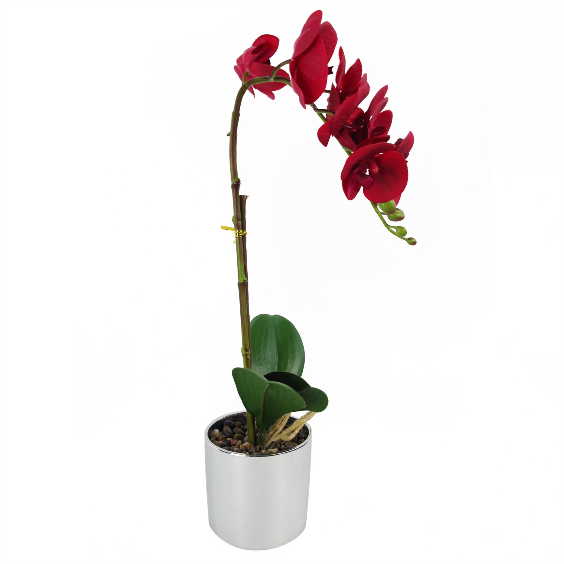 Leaf 46cm Artificial Red Orchid with Real Touch Leaves, 7 Flowers and Silver Pot