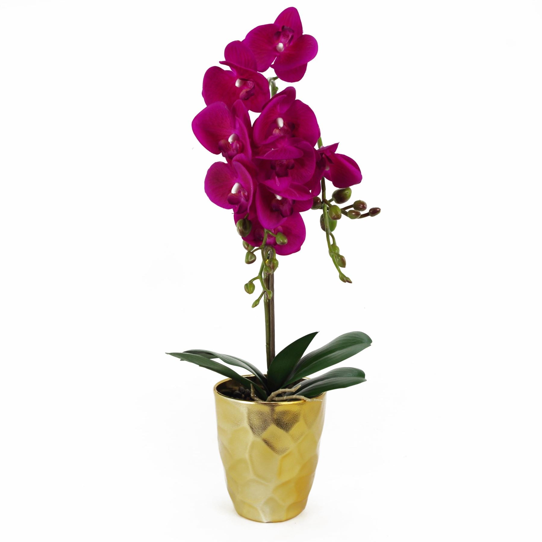 Leaf 54cm Artificial Orchid Plant with 10 Real Touch Flowers, Dark Pink in Gold Plastic Pot