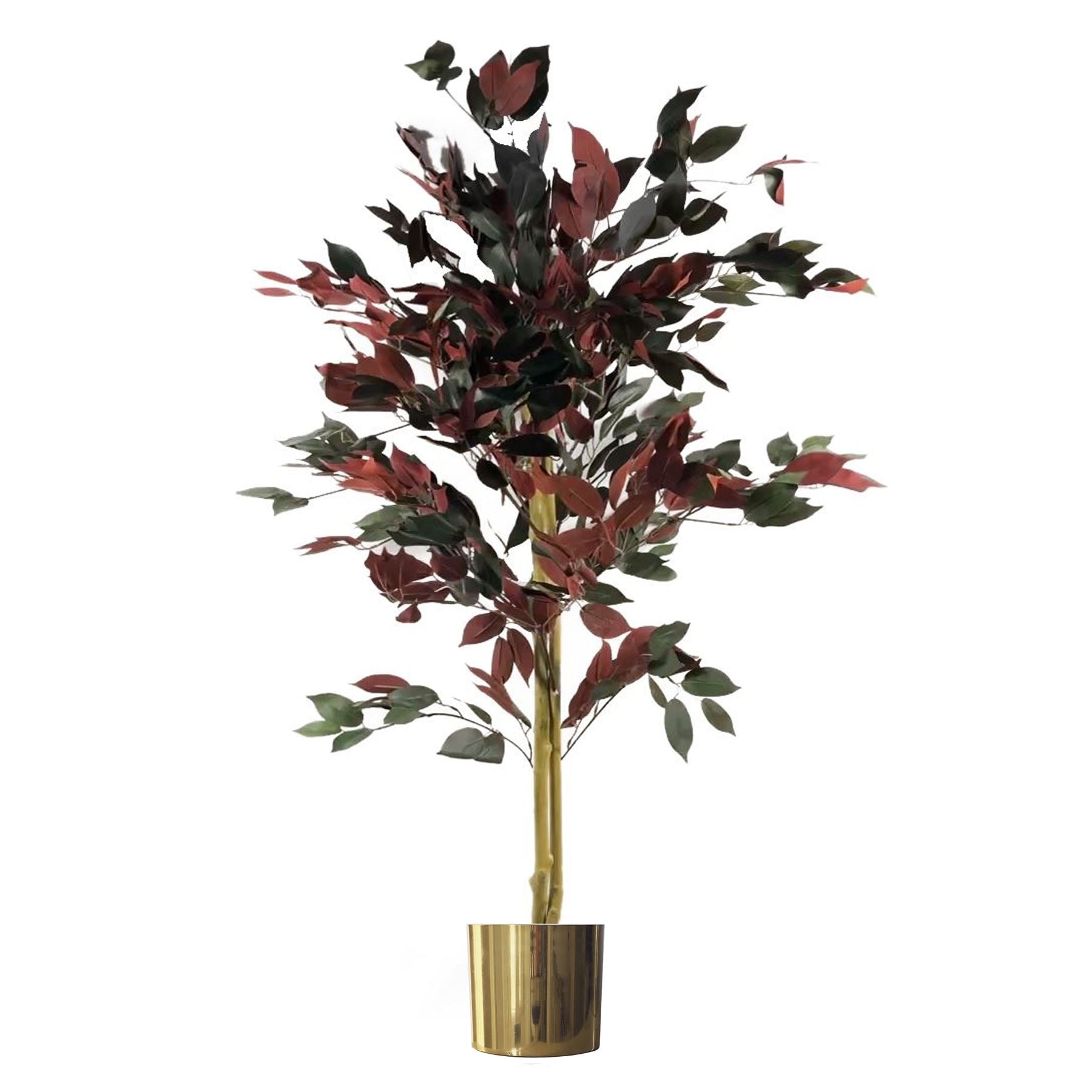 Leaf 120cm Artificial Red and Green Capensia Style Tree with Real Wood Trunk and Weighted Yellow-Finish Pot