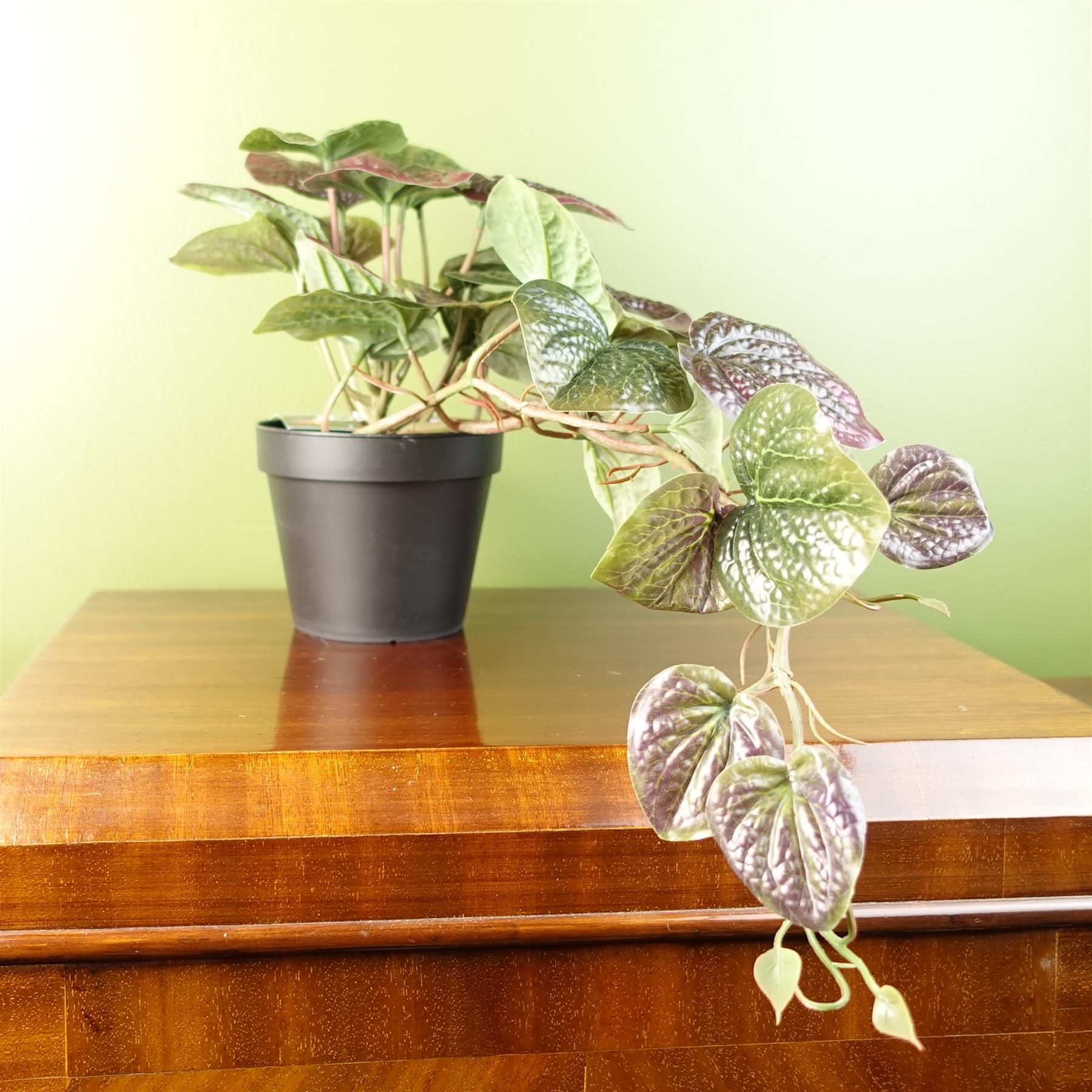 Leaf 35cm Artificial Trailing Purple Potted Pothos Plant, Realistic Potted Plant in Black Plastic Pot