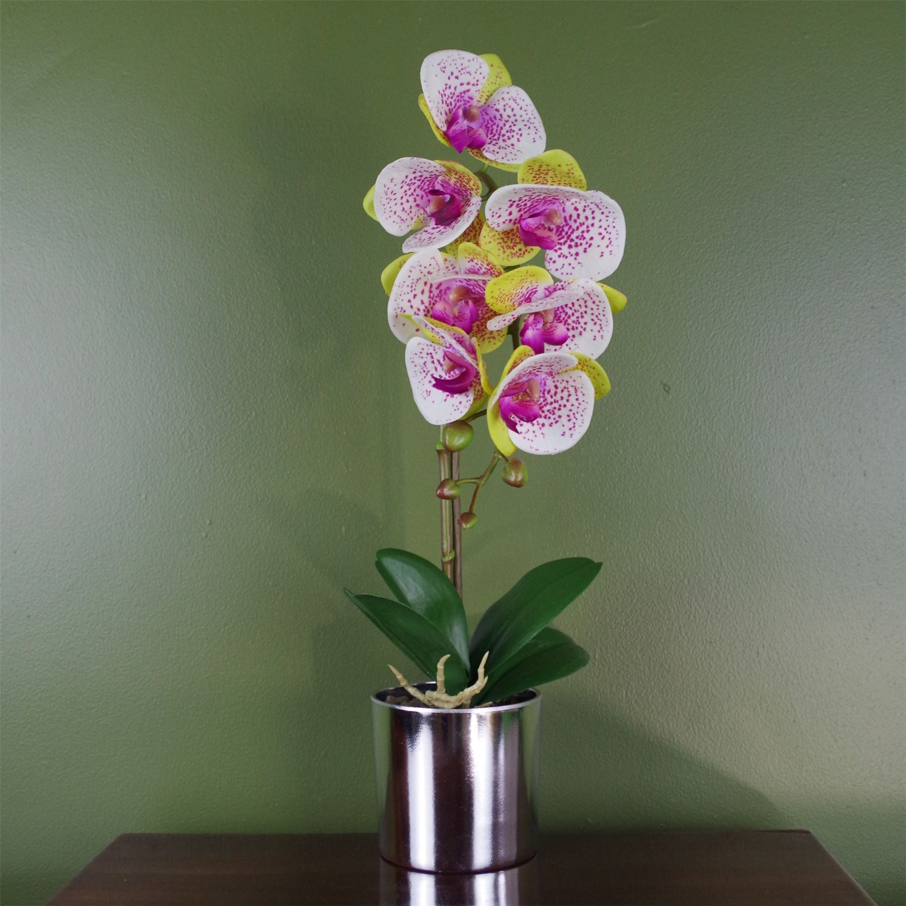 Leaf 46cm Artificial Orchid Harlequin Pink in Silver Decorative Pot