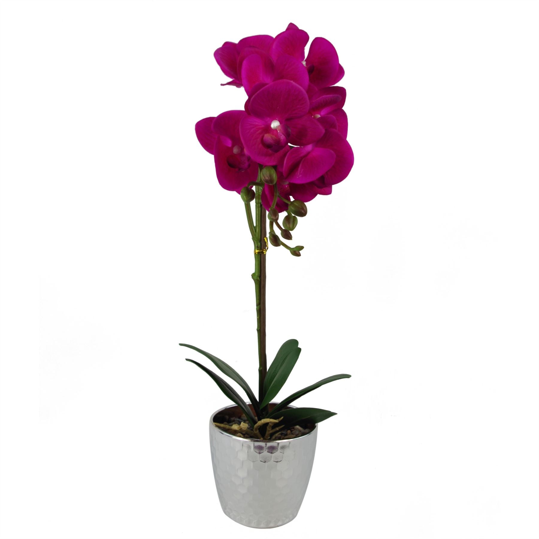 Leaf 50cm Artificial Phalaenopsis Orchid Plant, Dark Pink, Real Touch Leaves, 9 Flowers, Silver Honeycomb Pot