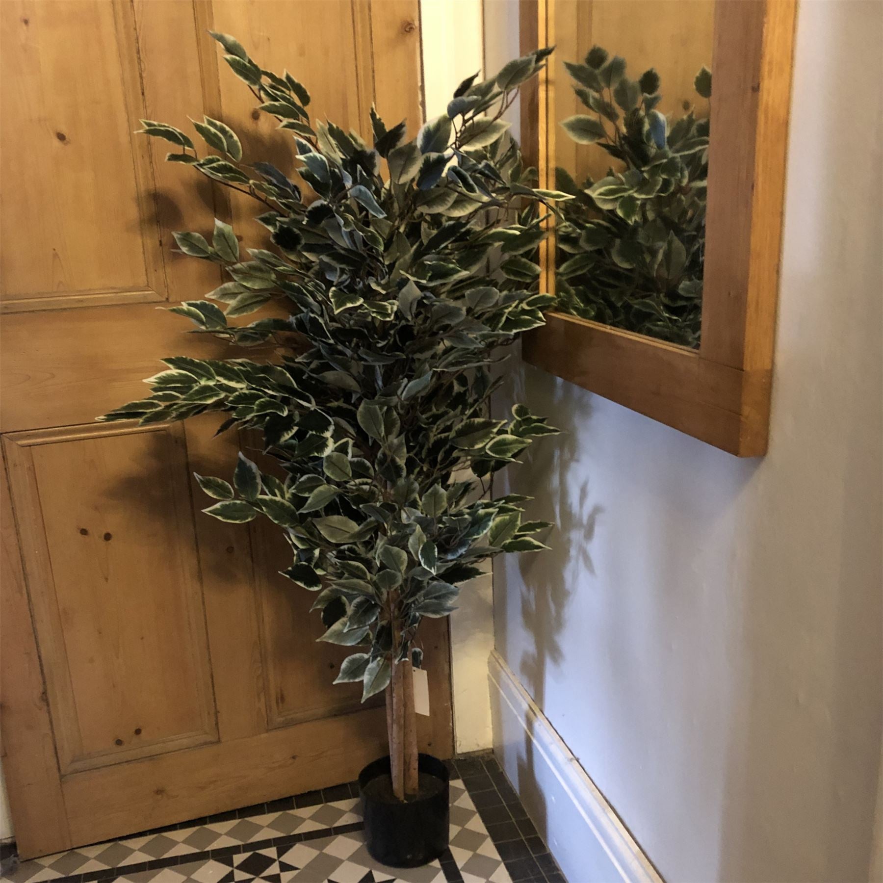 Leaf 130cm Artificial Variegated White and Green Bushy Ficus Tree in Plain Plastic Pot