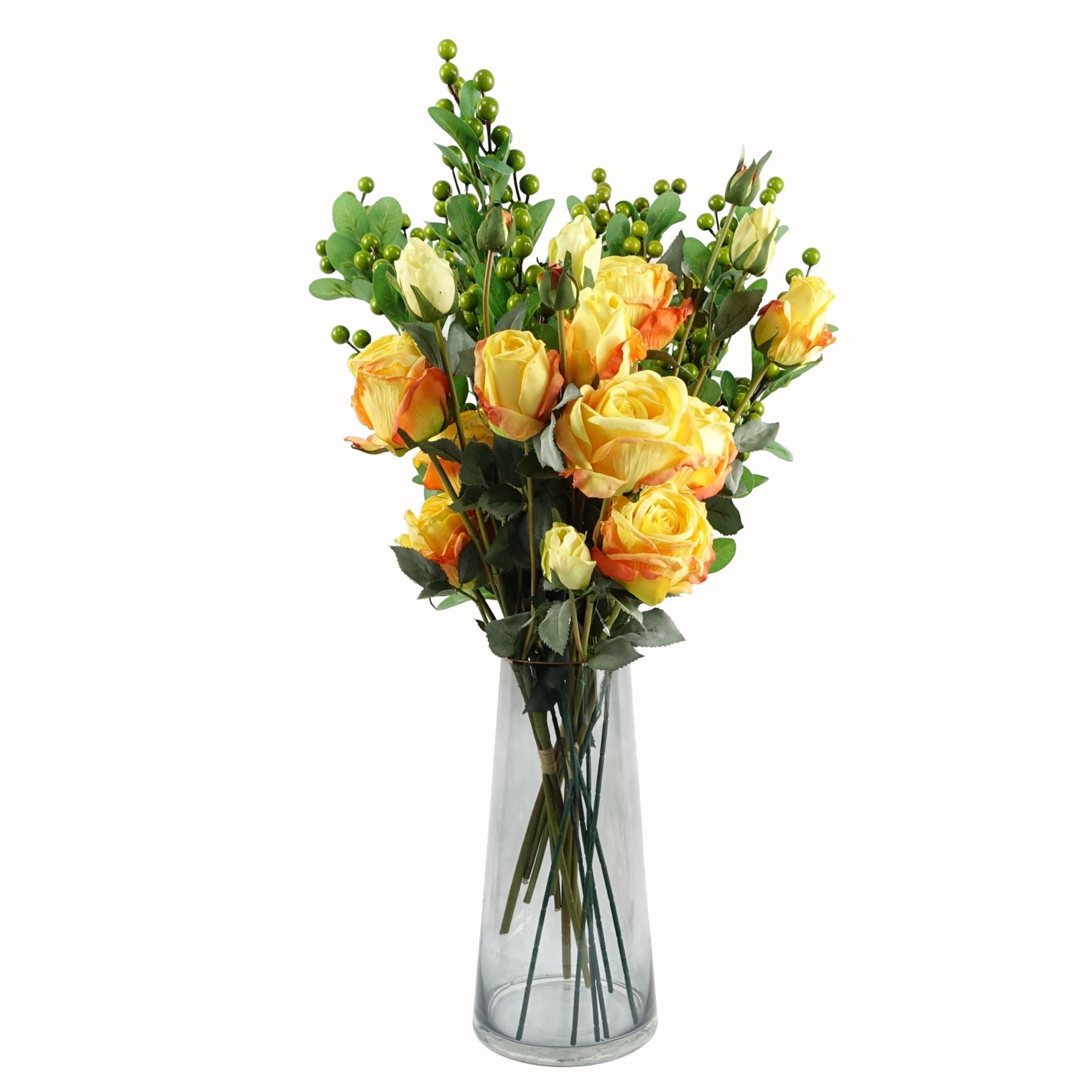 Leaf 60cm Yellow Rose Artificial Flower Arrangement with Glass Vase and Green Berry Sprays