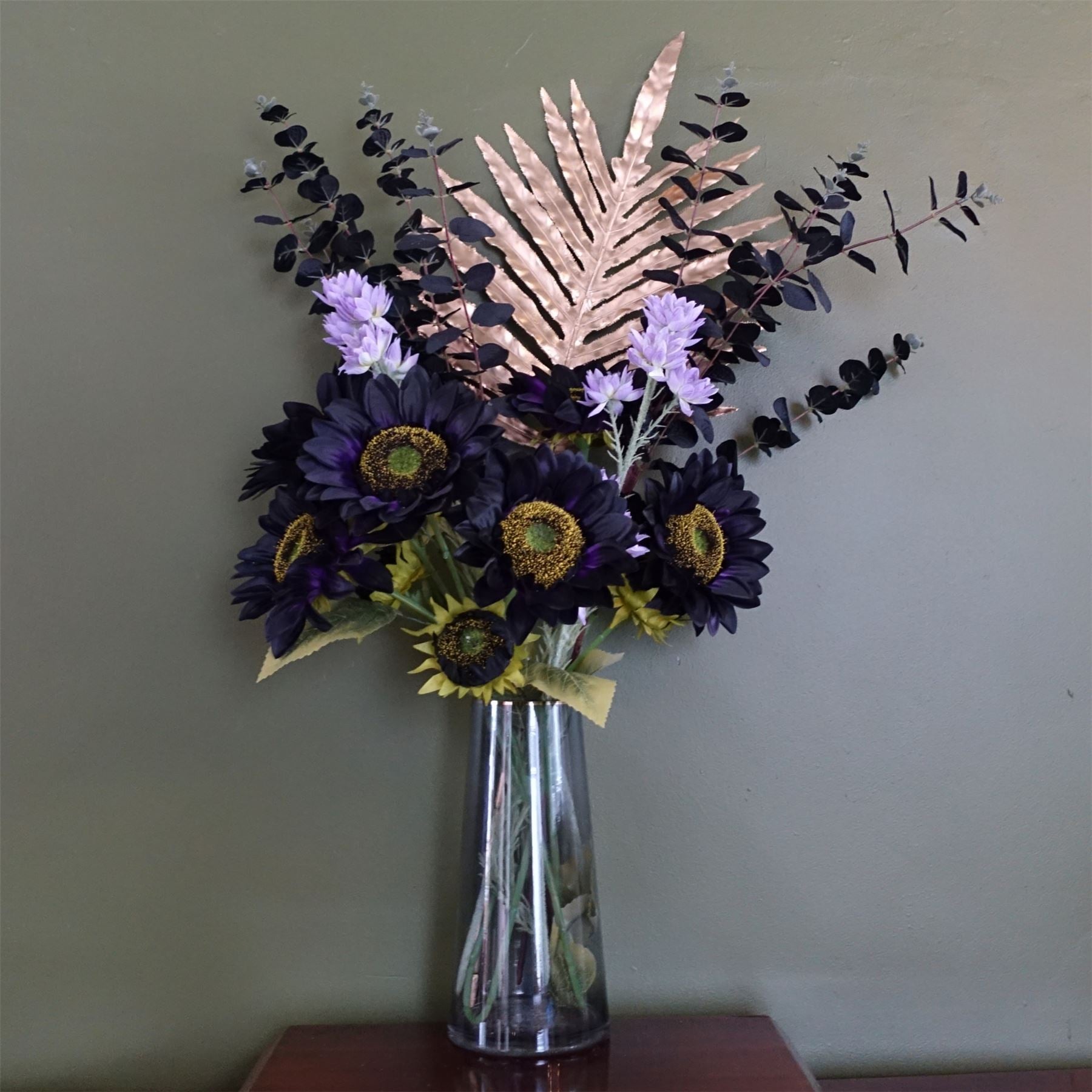 80cm Artificial Purple Sunflower and Gold Leaf Display with Glass Vase