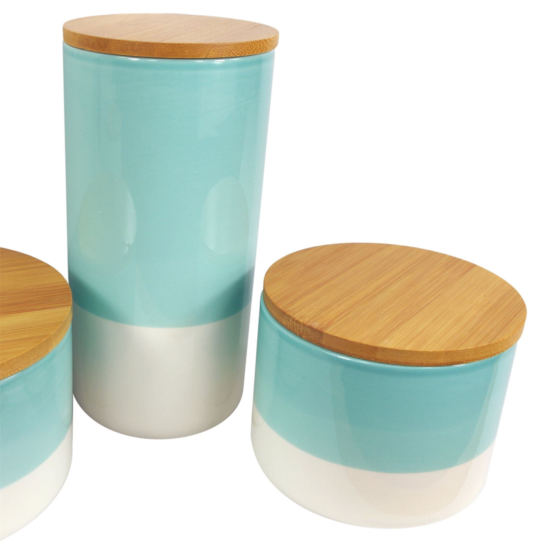 Leaf Set of Three Aqua Green Ceramic Kitchen Storage Canisters with Bamboo Lids