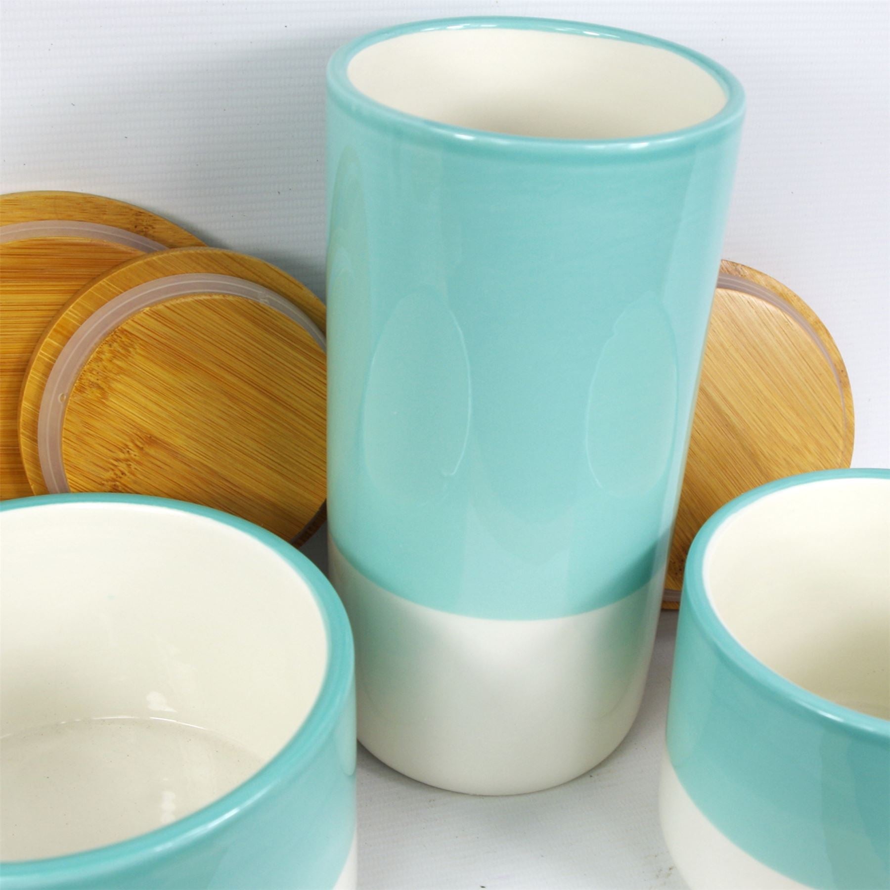 Leaf Set of Three Aqua Green Ceramic Kitchen Storage Canisters with Bamboo Lids