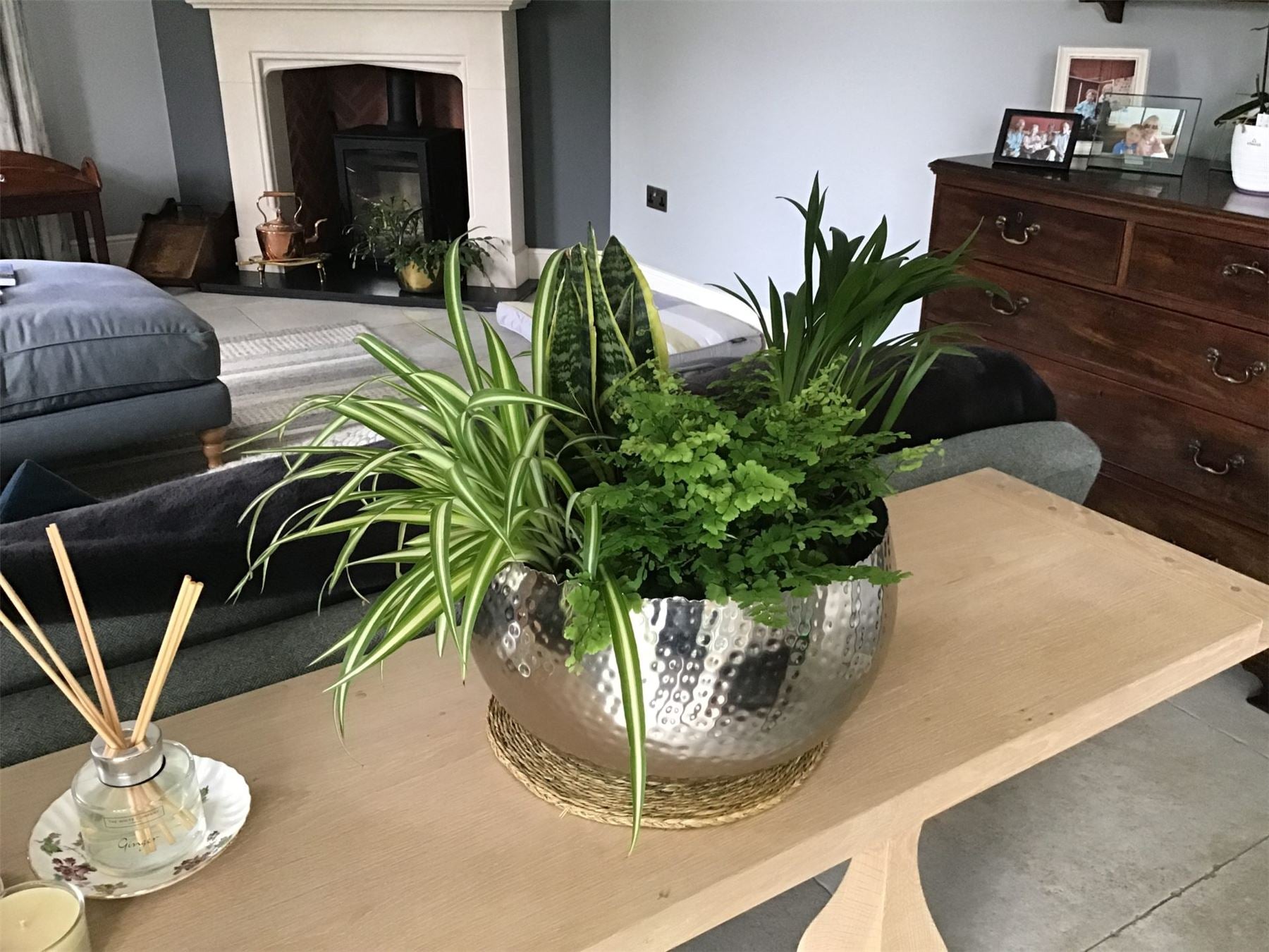 Leaf Extra Large Hammered Metal Planter Bowl 32 x 20cm Silver Curved Edge Indoor Use