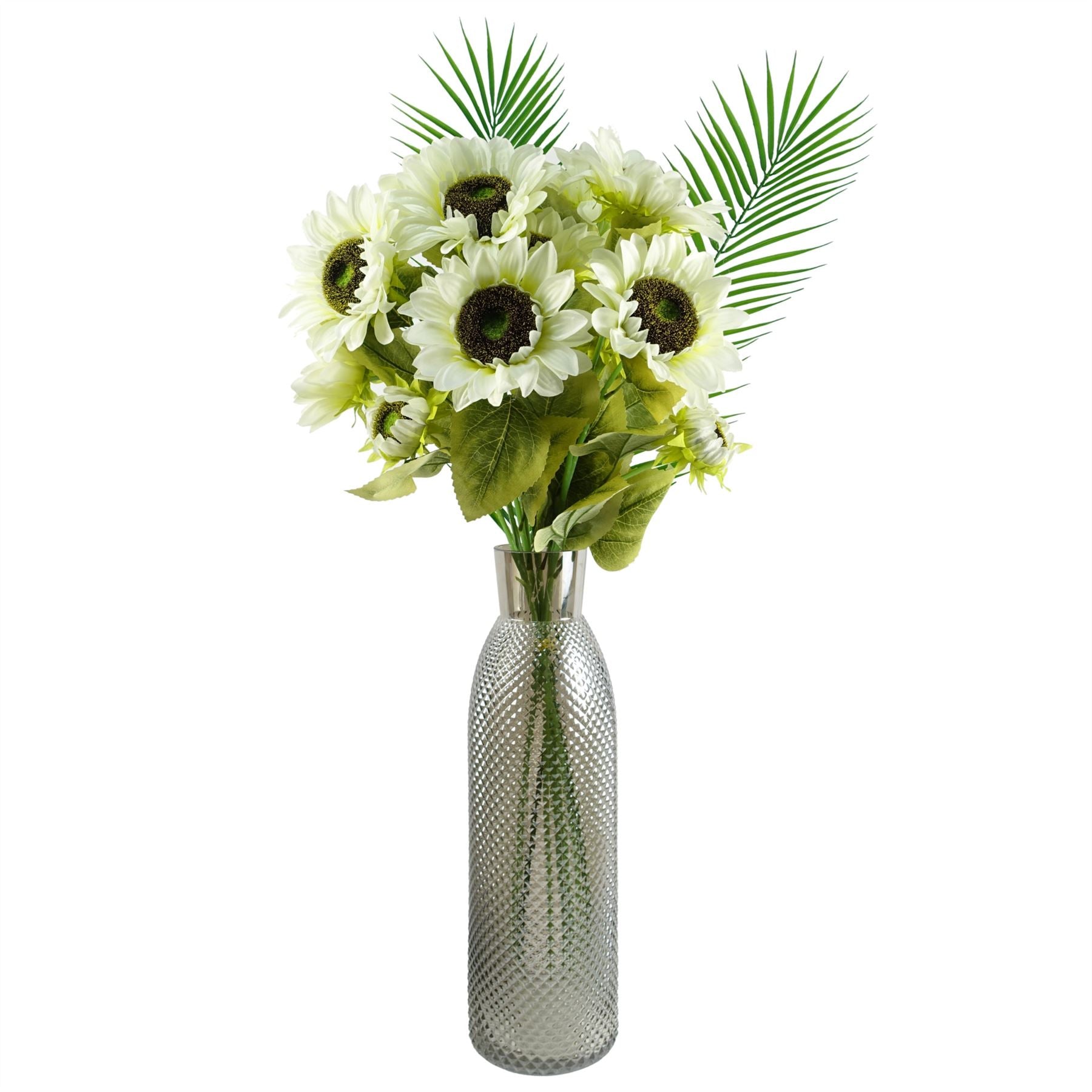 100cm White Artificial Sunflower Arrangement with Glass Vase and Palm Leaves