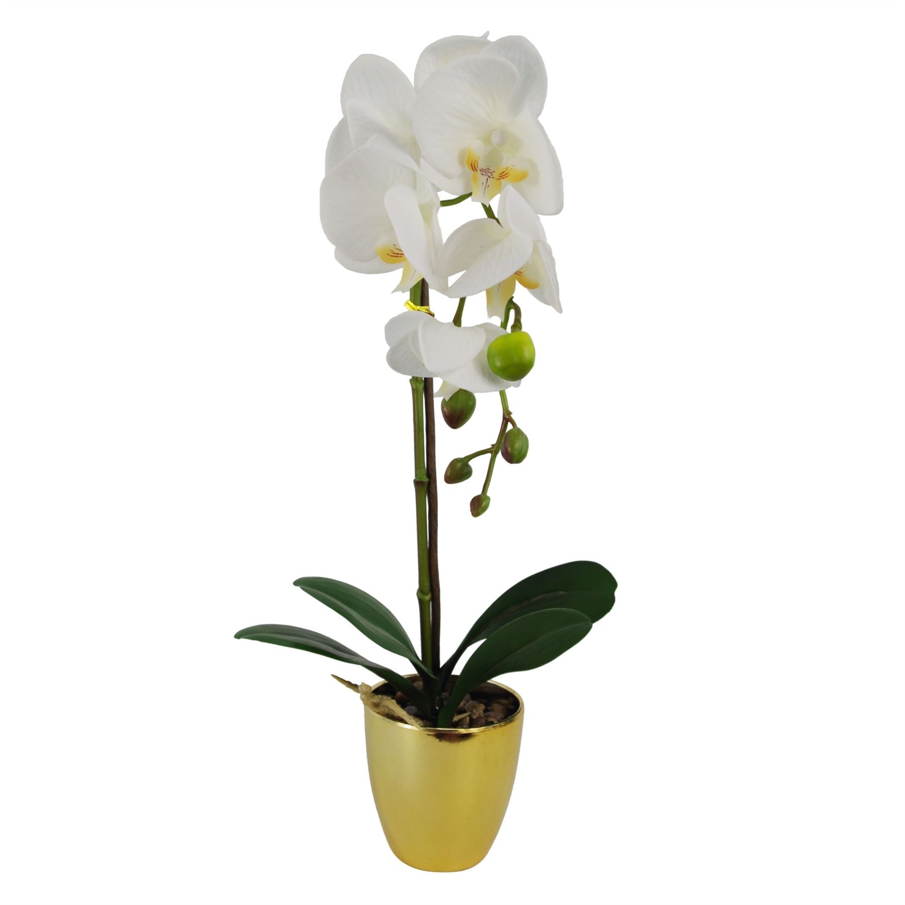Leaf 46cm Artificial Orchid White/Gold Real Touch in Decorative Plastic Pot