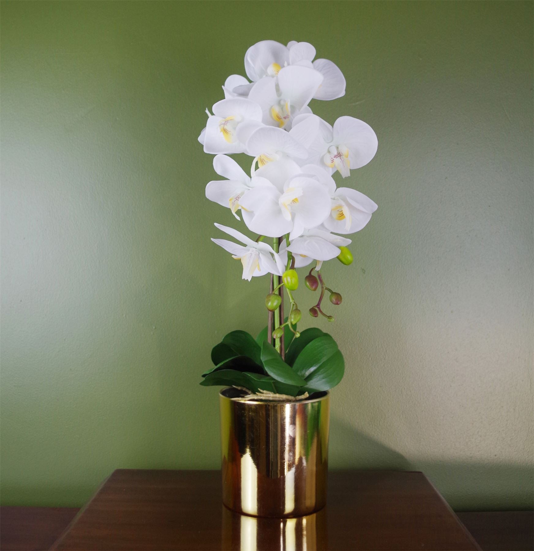Leaf 52cm Artificial Orchid Plant in Gold Decorative Pot, White Flowers, Real Touch, 14 Flowers