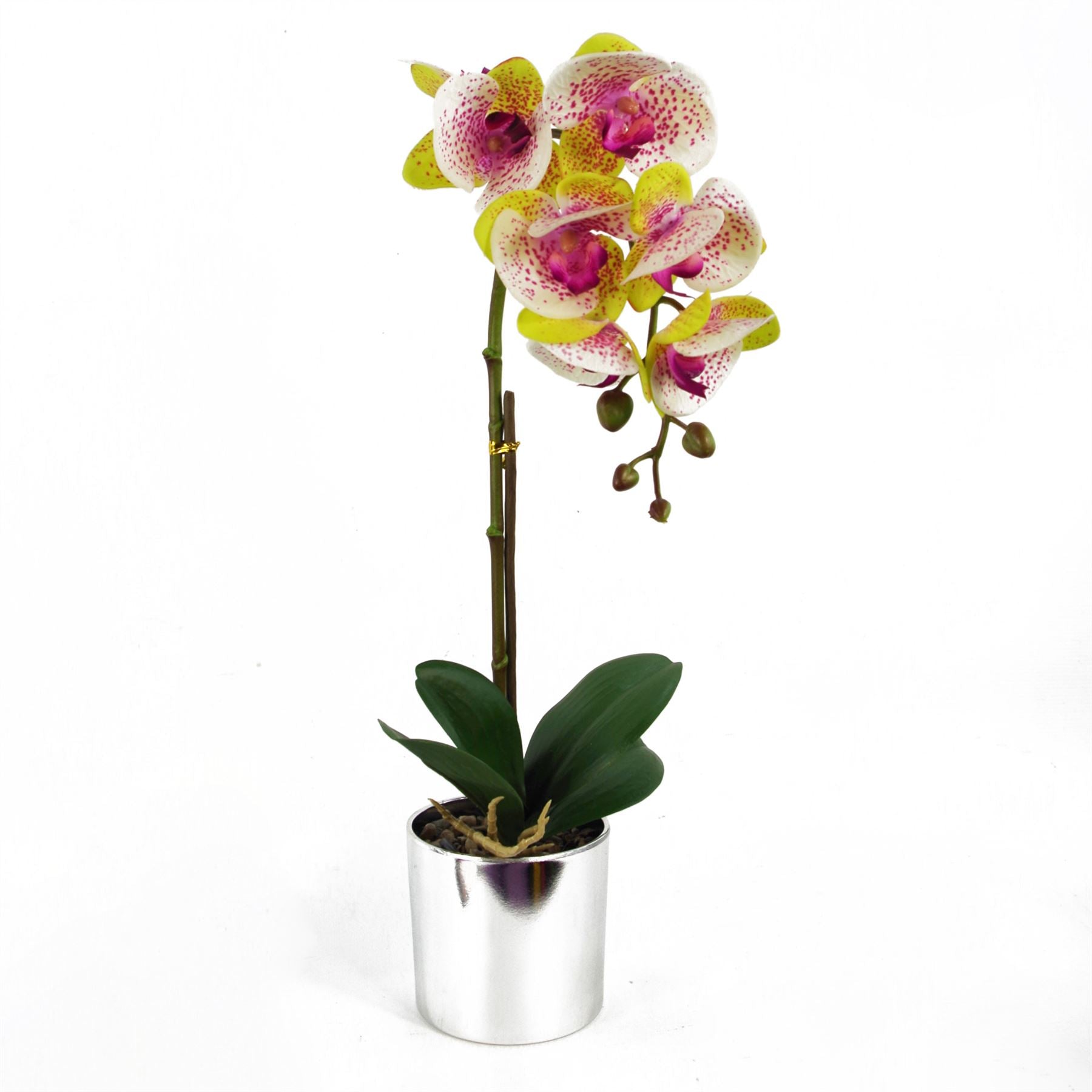 Leaf 46cm Artificial Harlequin Pink Orchid with 7 Real Touch Flowers in Decorative Plastic Pot