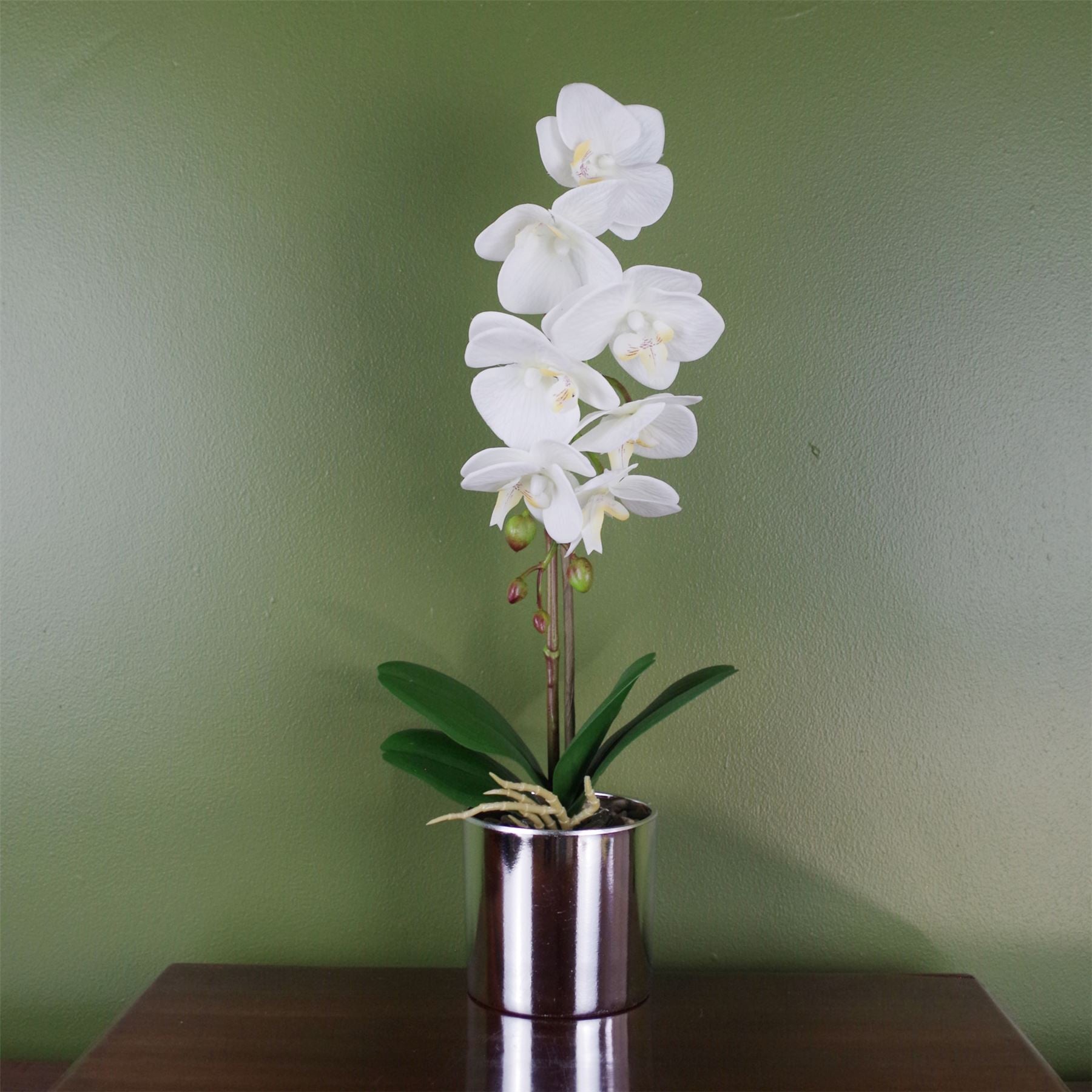 Leaf 46cm Artificial White Orchid in Decorative Pot