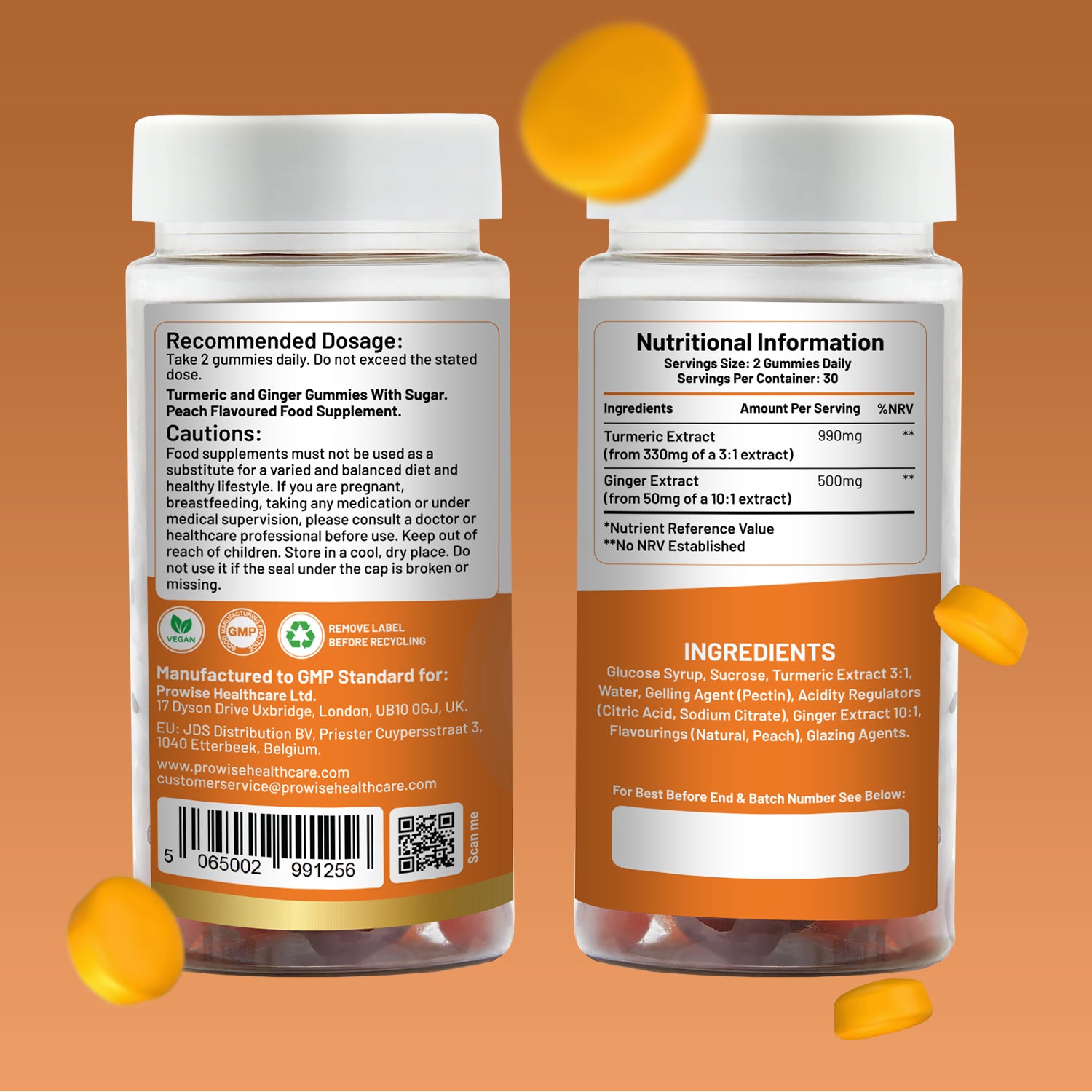 Prowise Healthcare Turmeric & Ginger Vegan Gummies, 60, Peach Flavour
