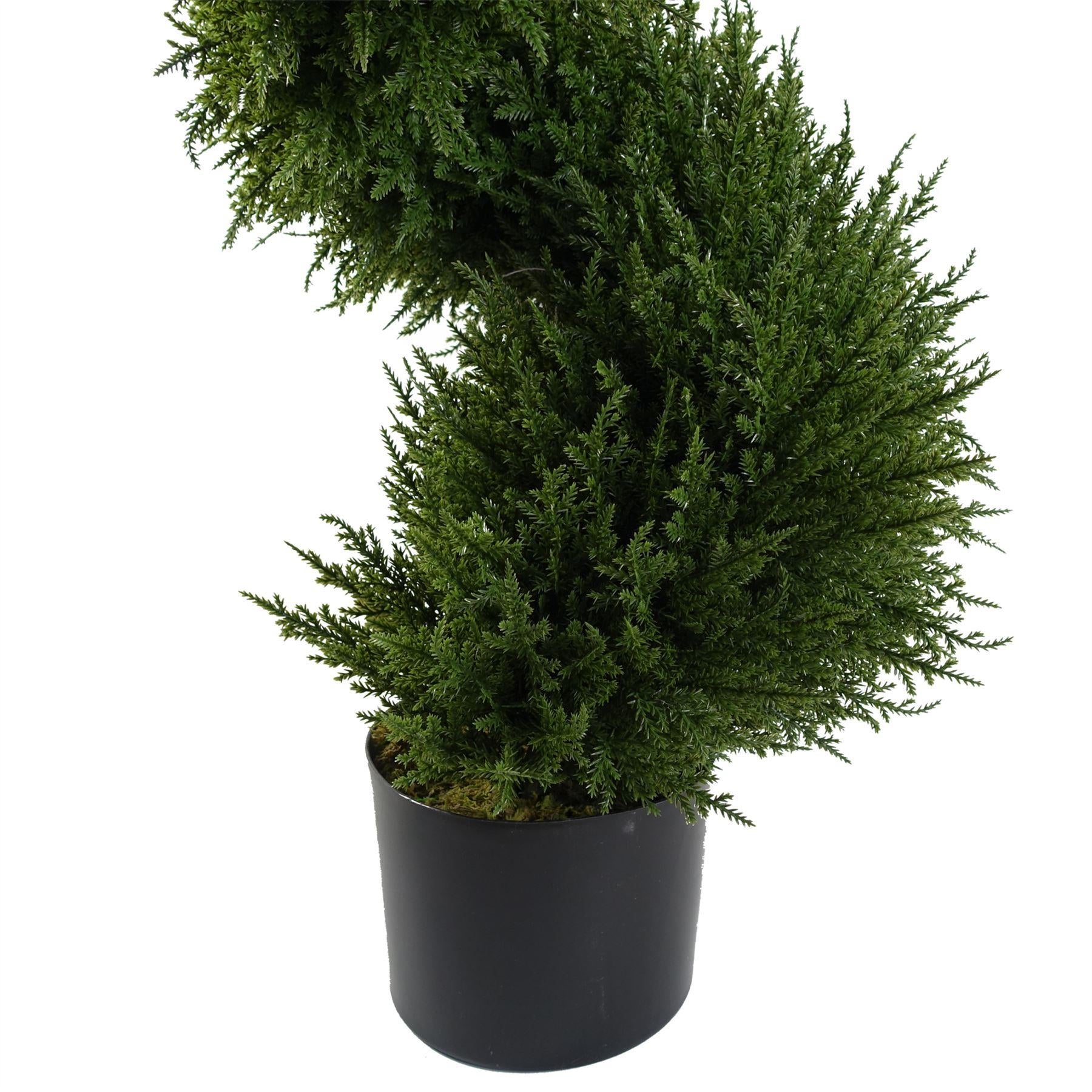 120cm Pair of Artificial Spiral Cypress Topiary Trees in Plain Plastic Pots