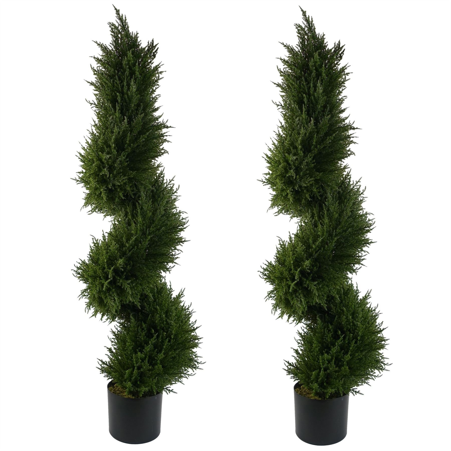 120cm Pair of Artificial Spiral Cypress Topiary Trees in Plain Plastic Pots