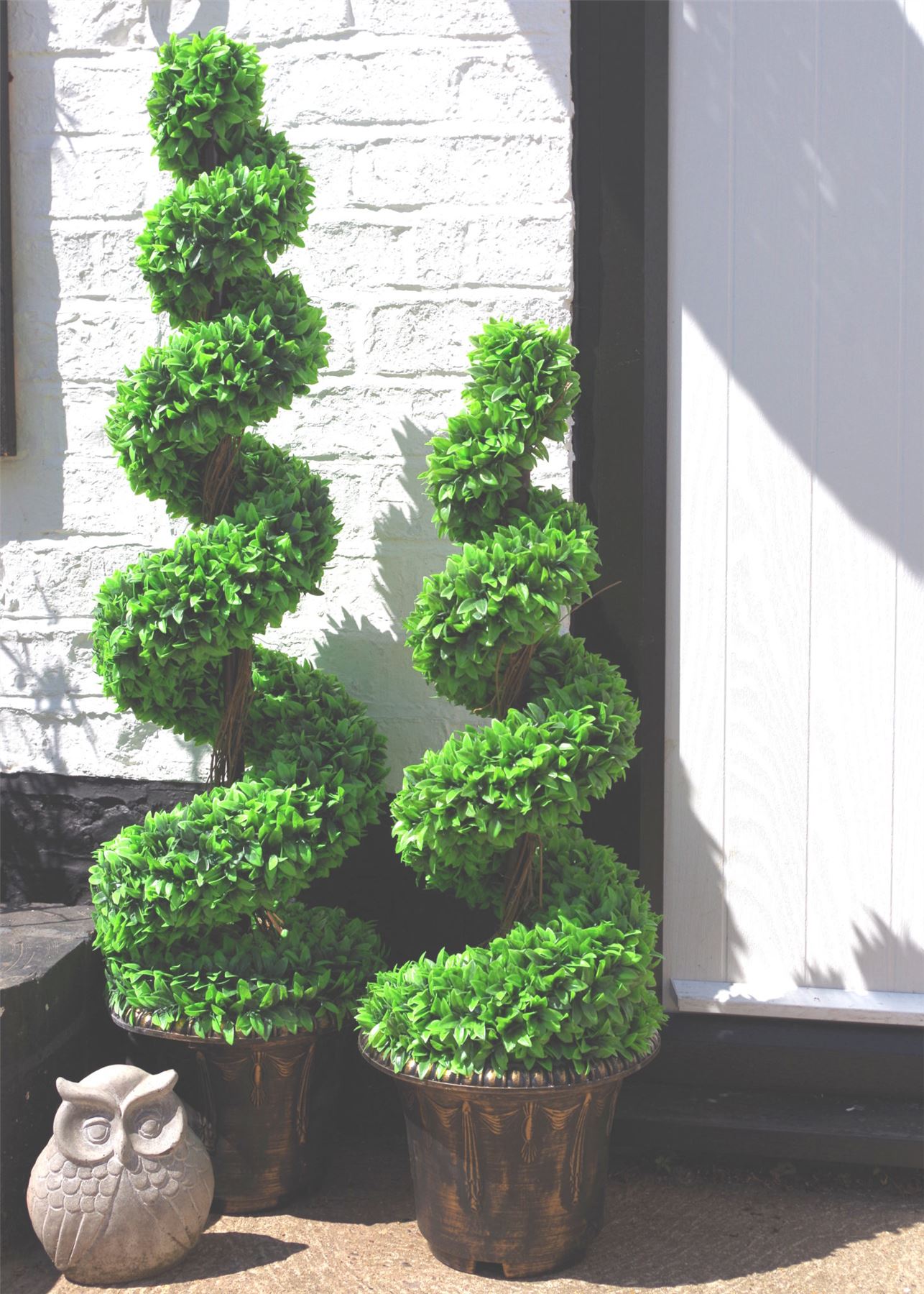 90cm Pair of Green Large Leaf Artificial Boxwood Spiral Topiary Trees with Decorative Planters