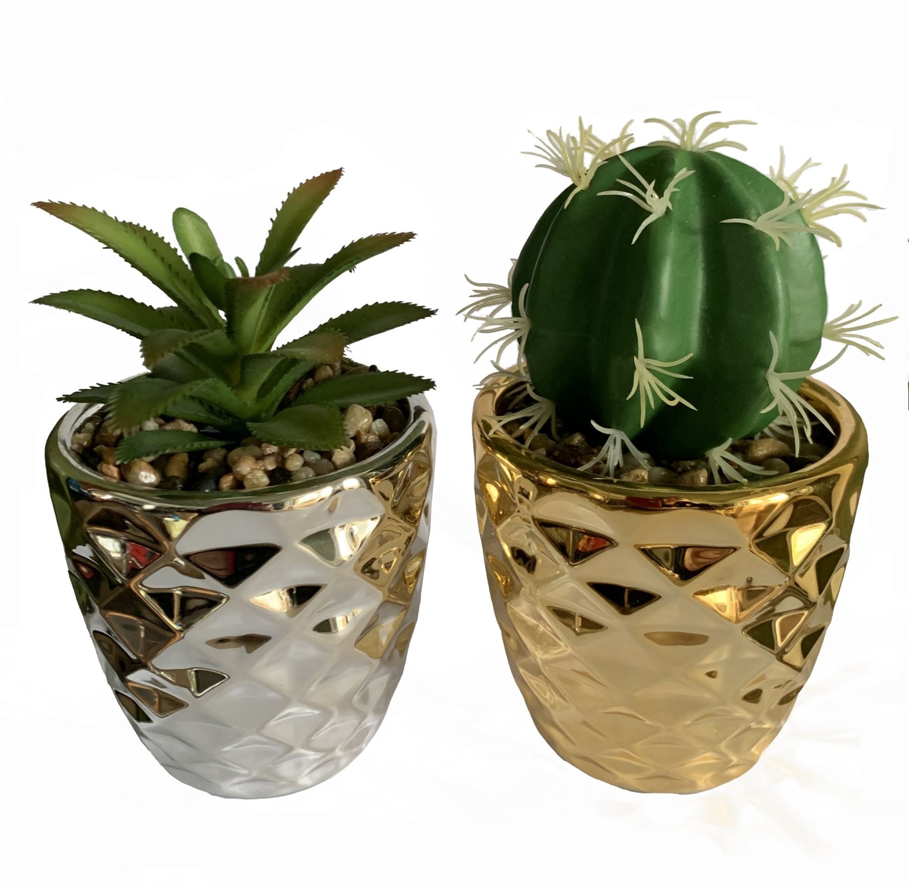 Leaf Set of Two Silver and Gold Ceramic Planters with Artificial Cactus and Dracaena, 15cm