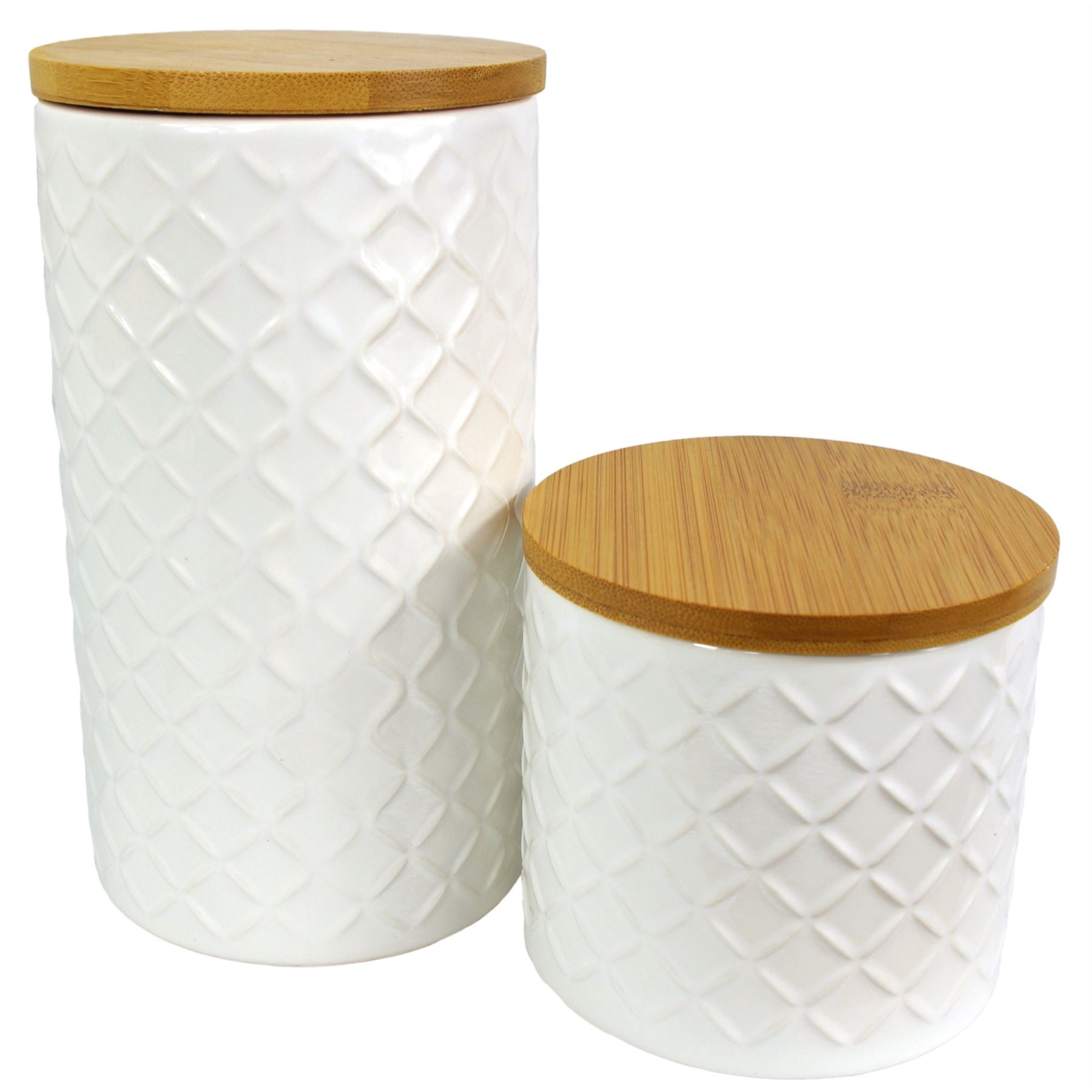 Leaf Set of 2 Embossed Cream Ceramic Kitchen Storage Canisters with Bamboo Lids