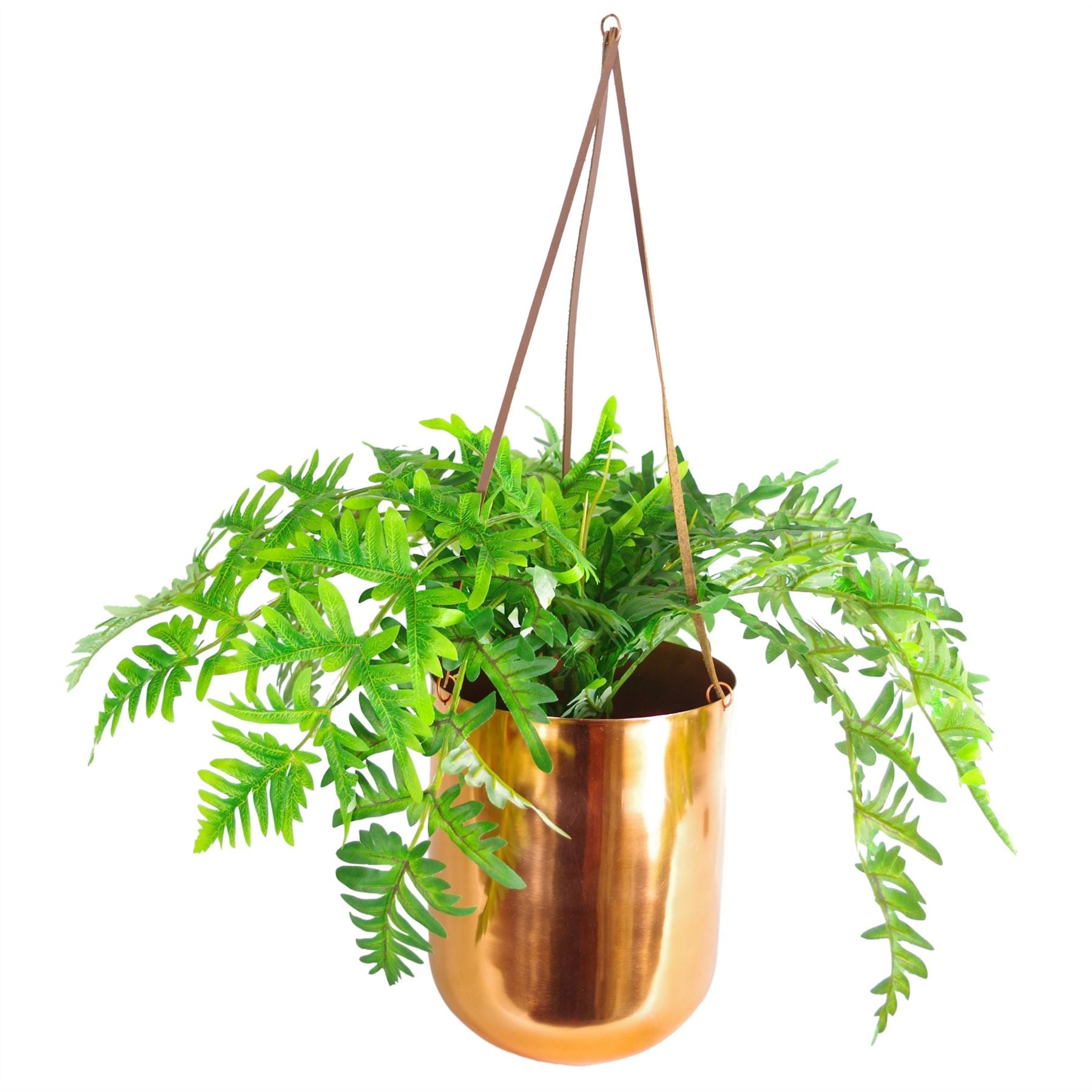 Leaf 60cm Hanging Copper Metal Planter with Artificial Evergreen Fern Plant